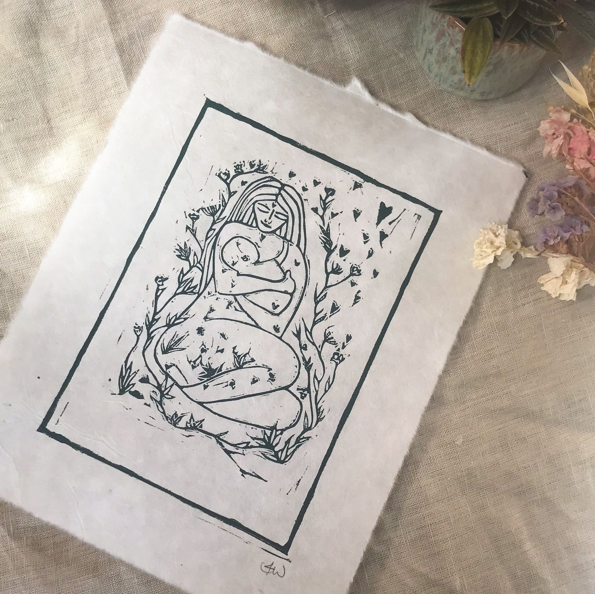 MOTHER AND BABE | Original linocut print image 3