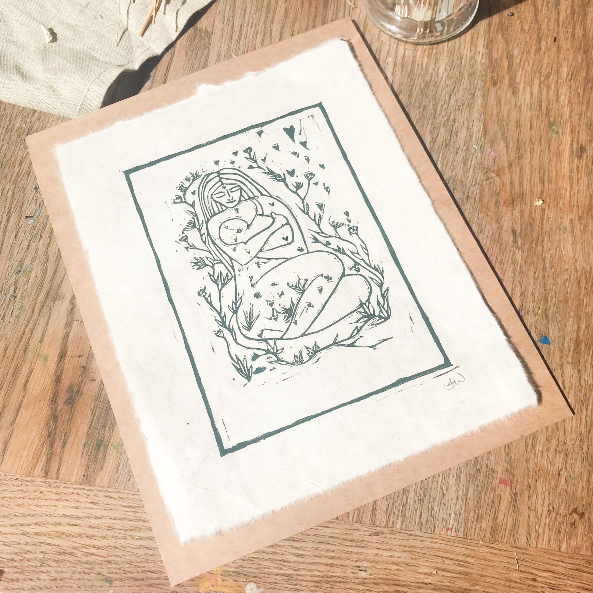 MOTHER AND BABE | Original linocut print image 2