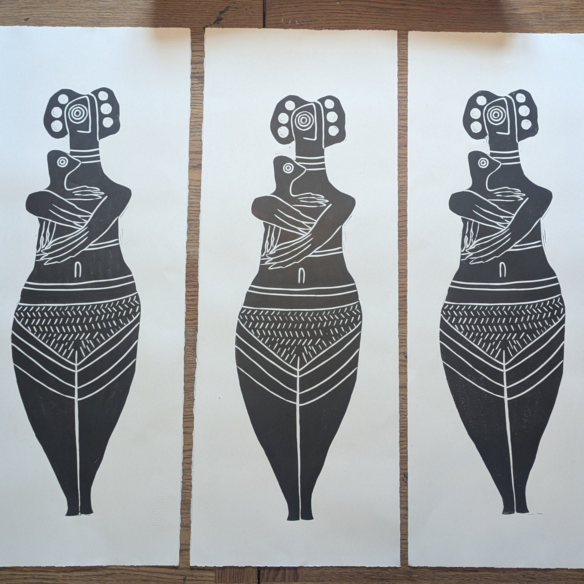 THE BIRD HEADED MOTHER AND DIVINE CHILD | Original goddess linocut print image 0