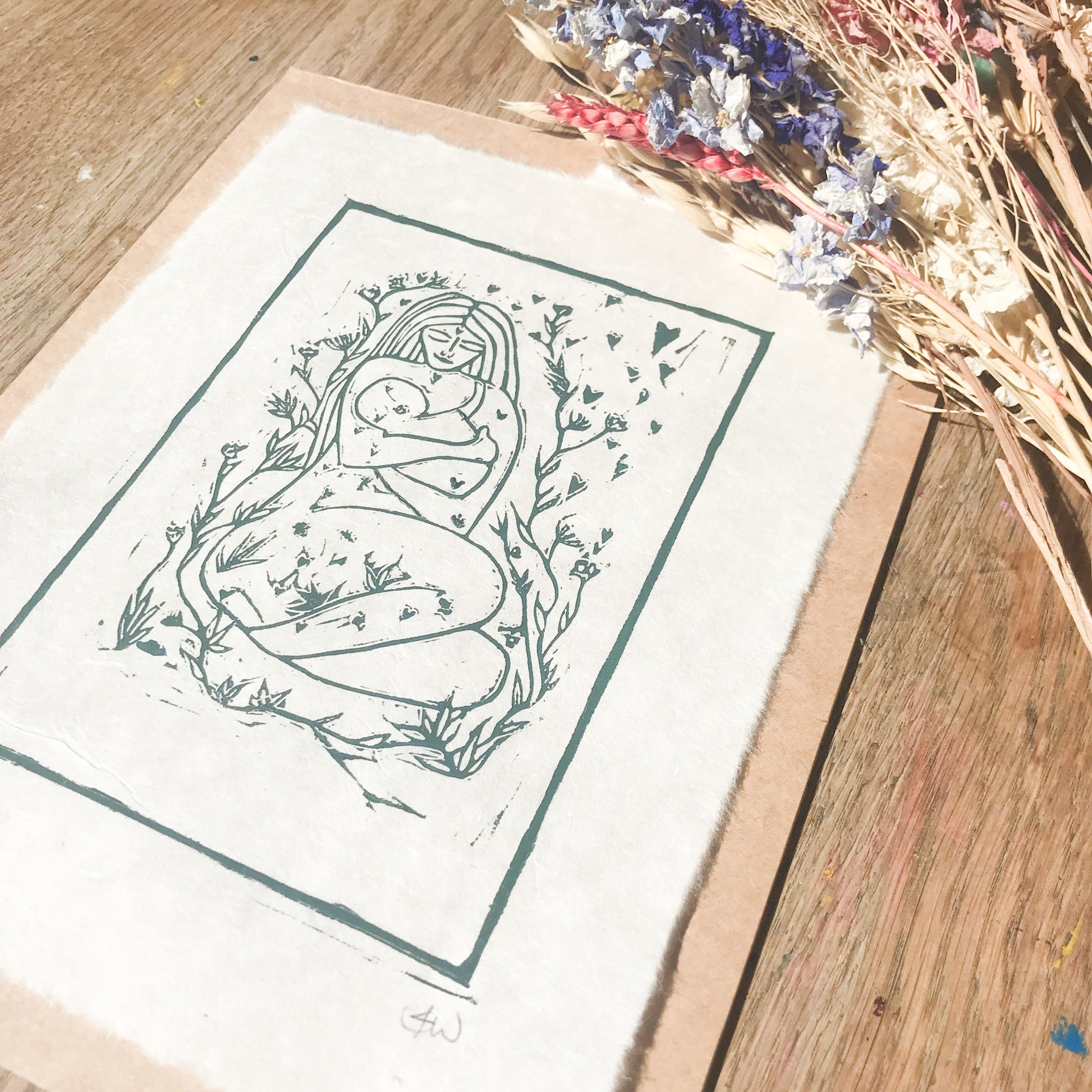 MOTHER AND BABE | Original linocut print image 1
