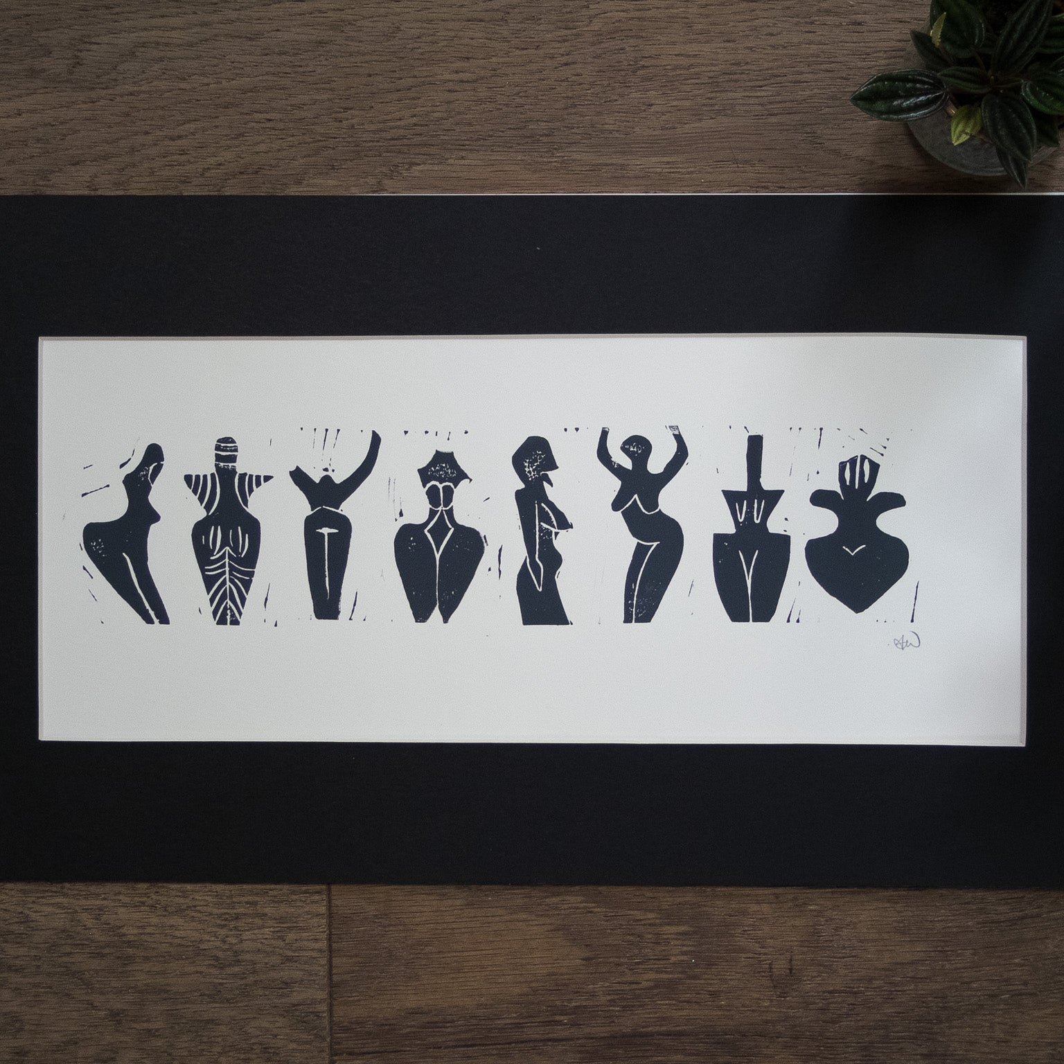 DANCING GODDESSES | PREHISTORIC | Original Linocut Print with a black mount