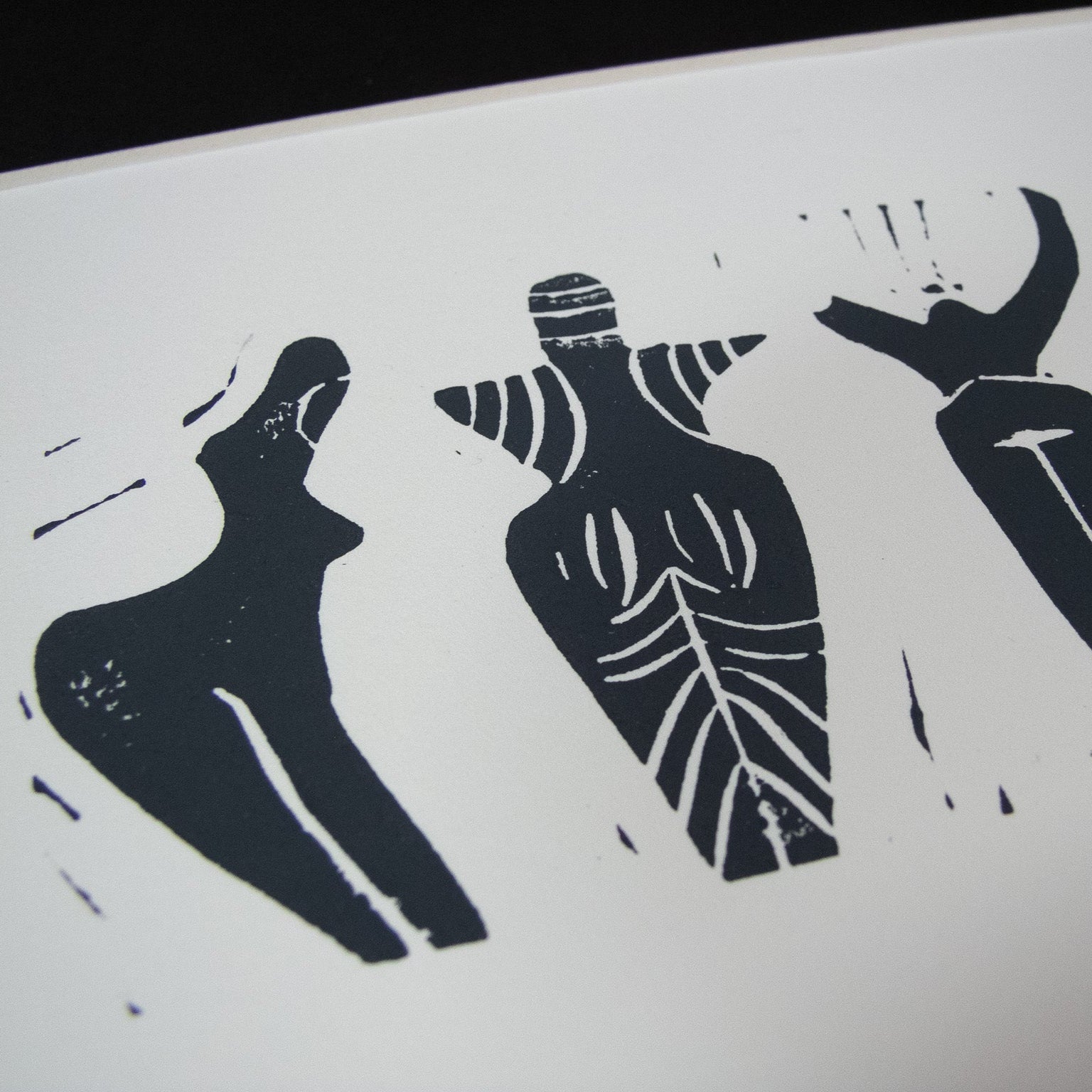 DANCING GODDESSES | PREHISTORIC | Original Linocut Print upclose detail