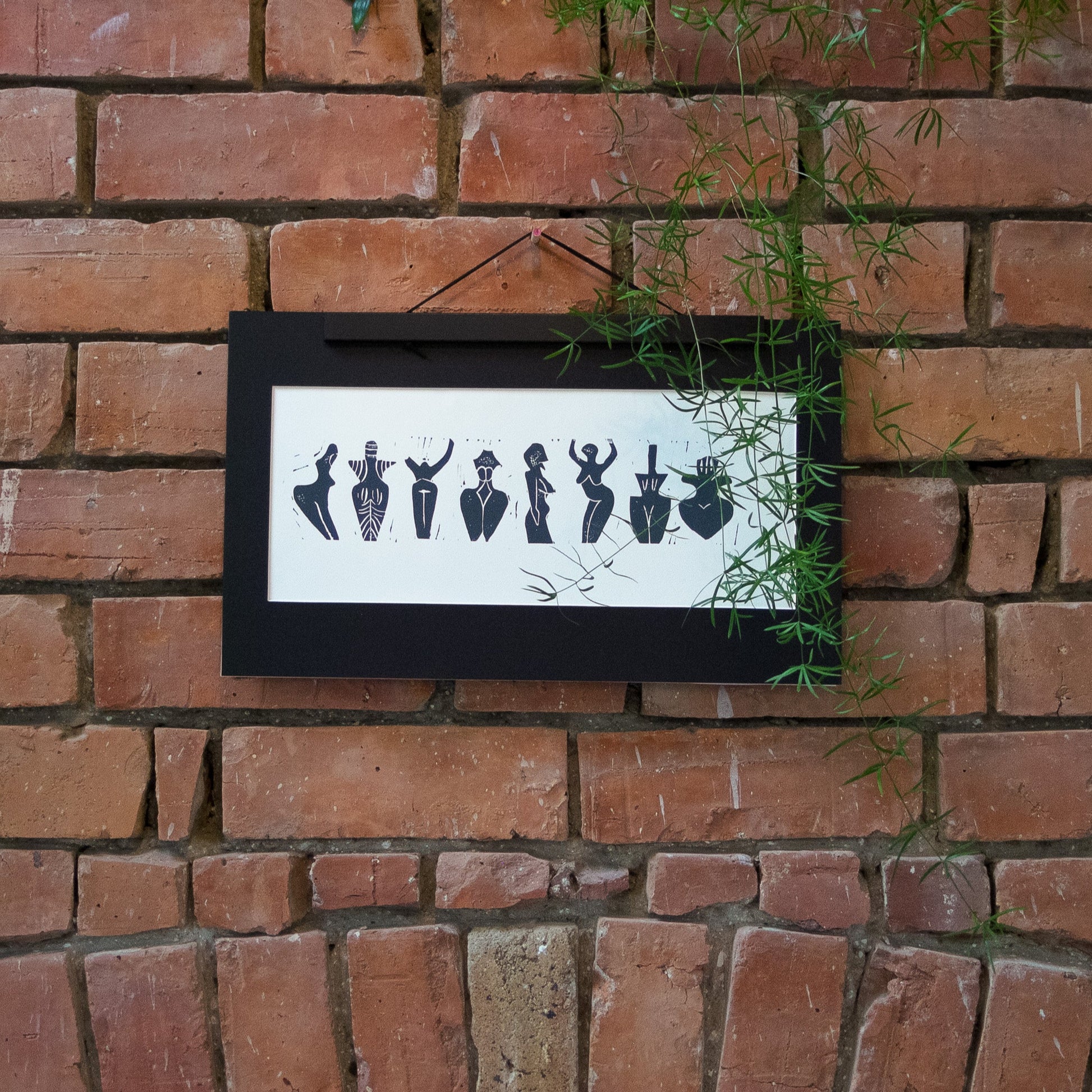 DANCING GODDESSES | PREHISTORIC | Original Linocut Print framed on wall