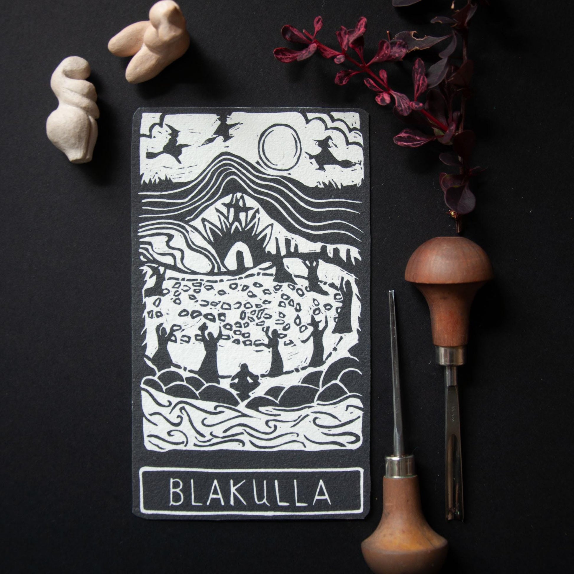 Blakulla altar card | Goddess oracle card | handmade linocut art, eco-friendly gifts.