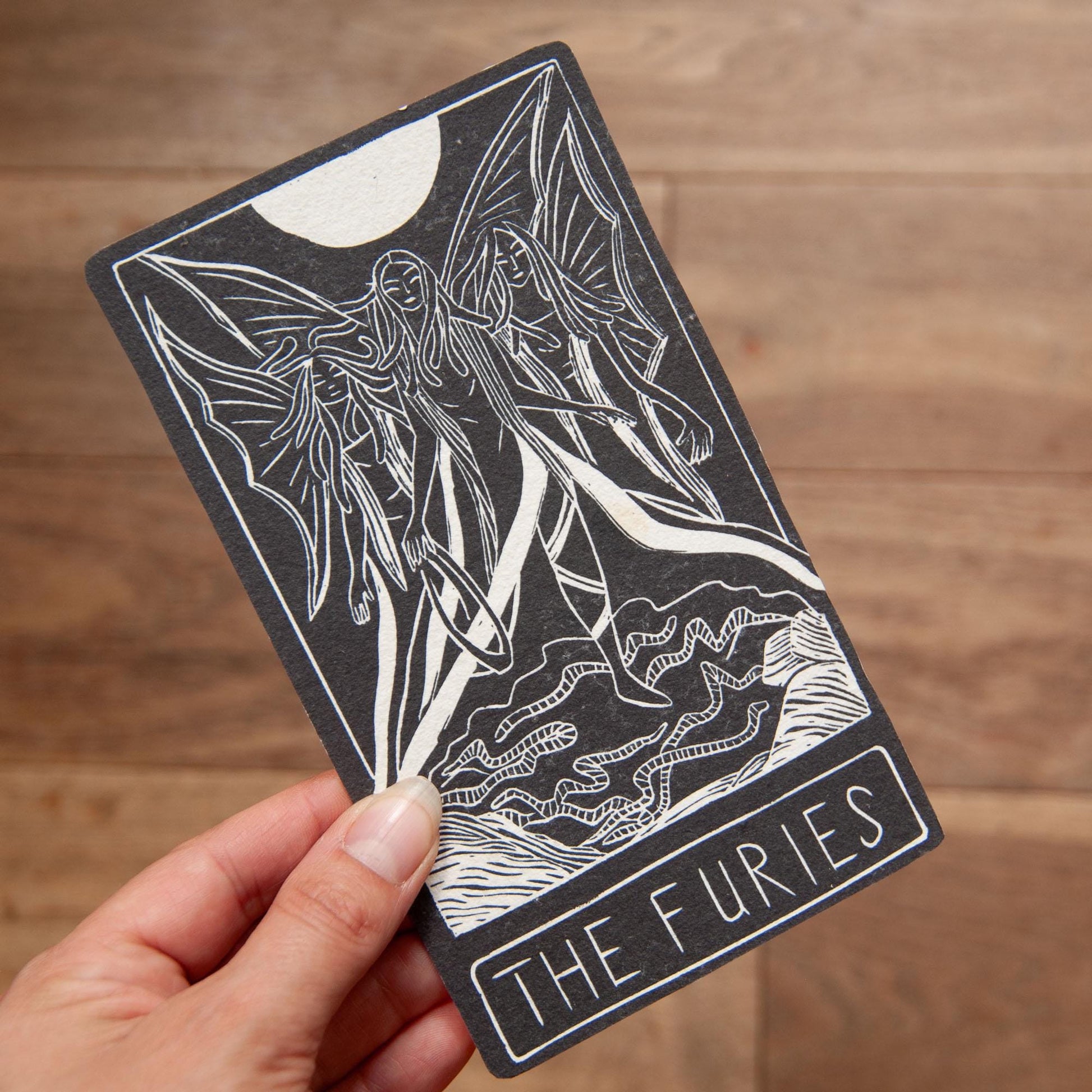 The Furies, Greek goddesses of divine justice. Goddess guidance oracle card, Greek Mythology, handmade linocut art, eco-friendly gifts.