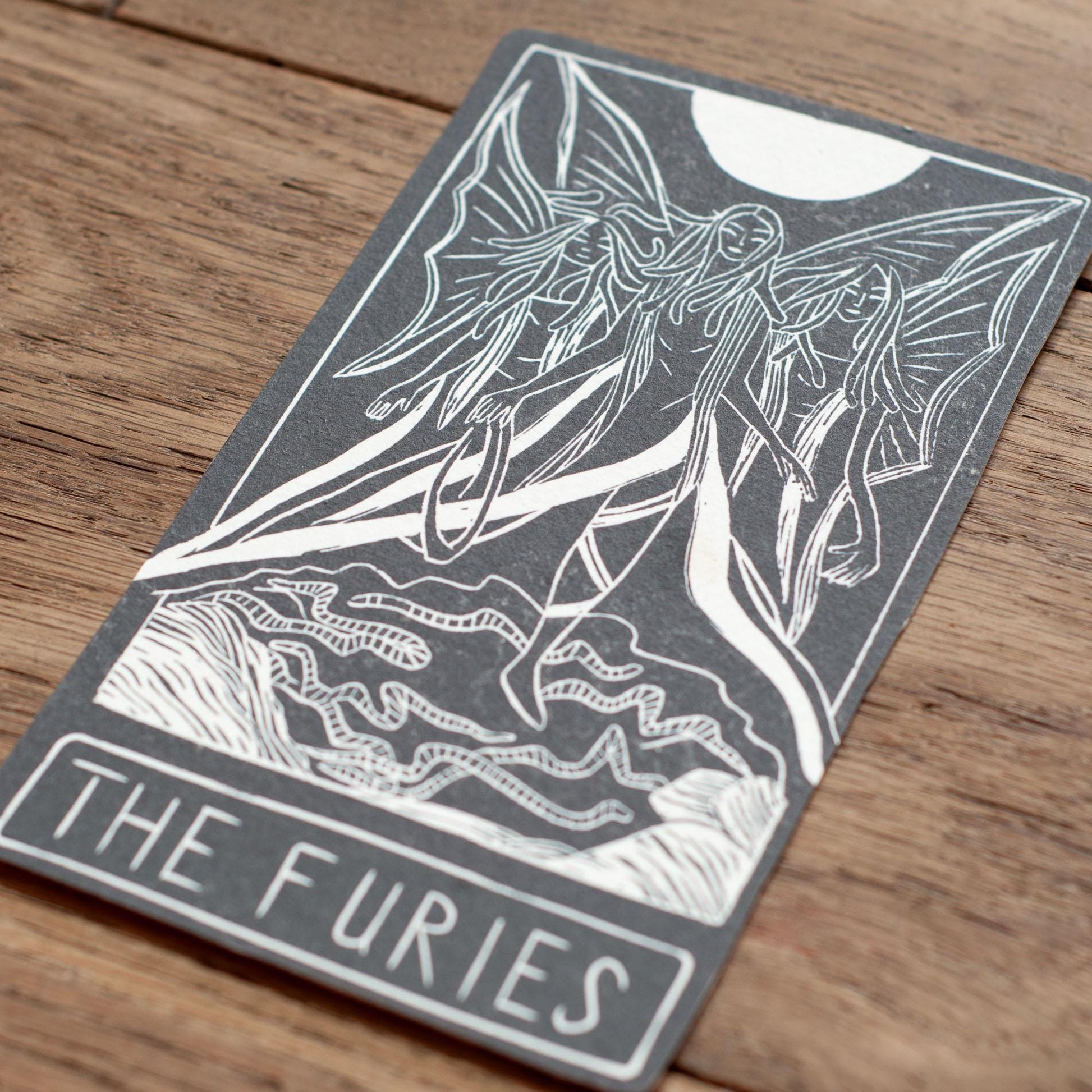 The Furies, Greek goddesses of divine justice. Goddess guidance oracle card, Greek Mythology, handmade linocut art, eco-friendly gifts.
