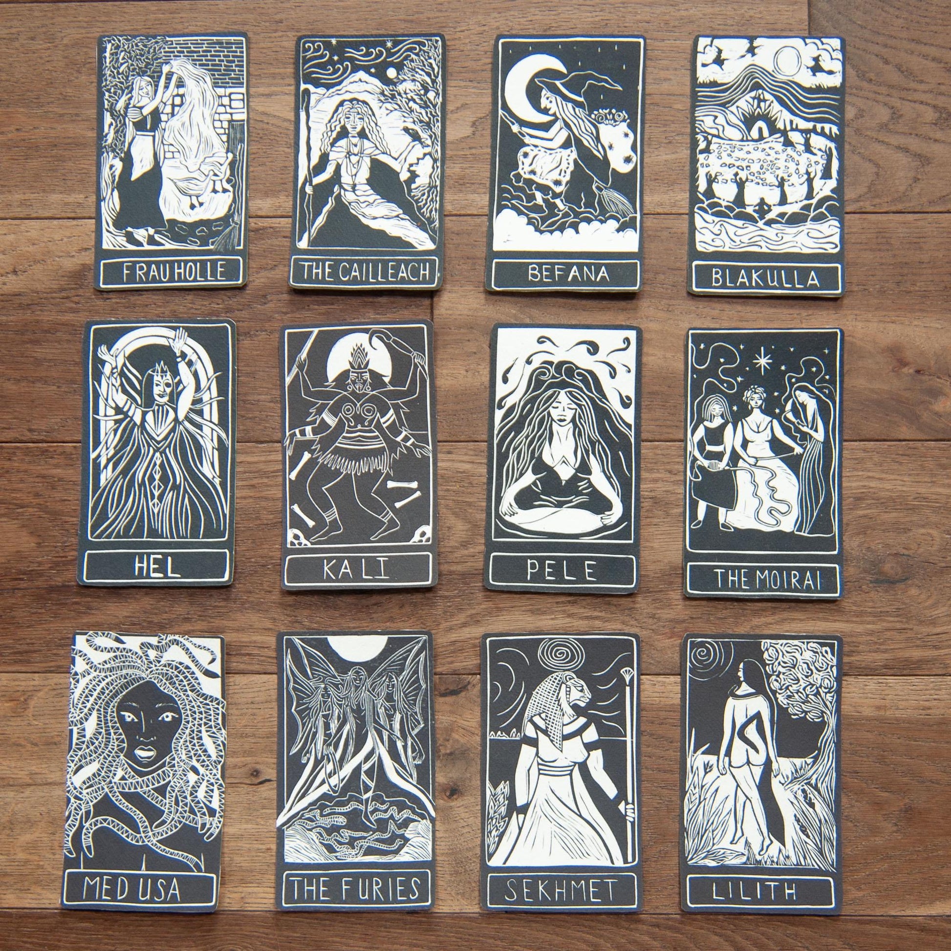 The Furies, Greek goddesses of divine justice. Goddess guidance oracle card, Greek Mythology, handmade linocut art, eco-friendly gifts.