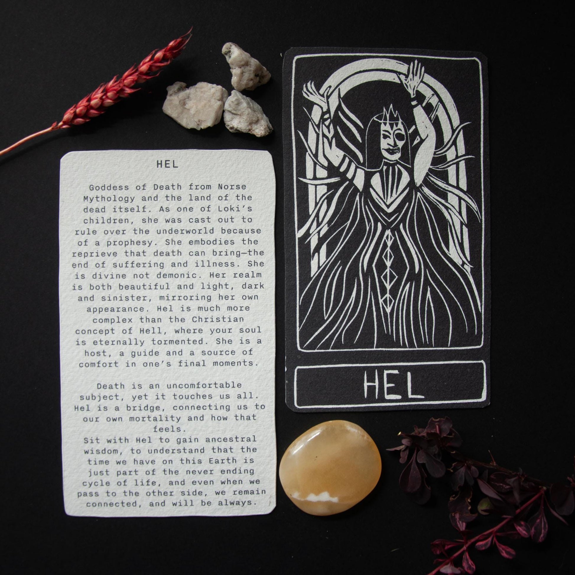Hel, Norse Goddess of Death, Goddess guidance oracle card, handmade linocut art, eco-friendly gifts.
