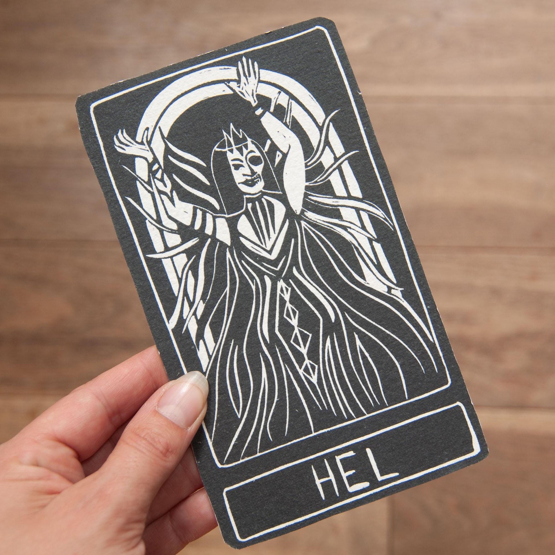 Hel, Norse Goddess of Death, Goddess guidance oracle card, handmade linocut art, eco-friendly gifts.