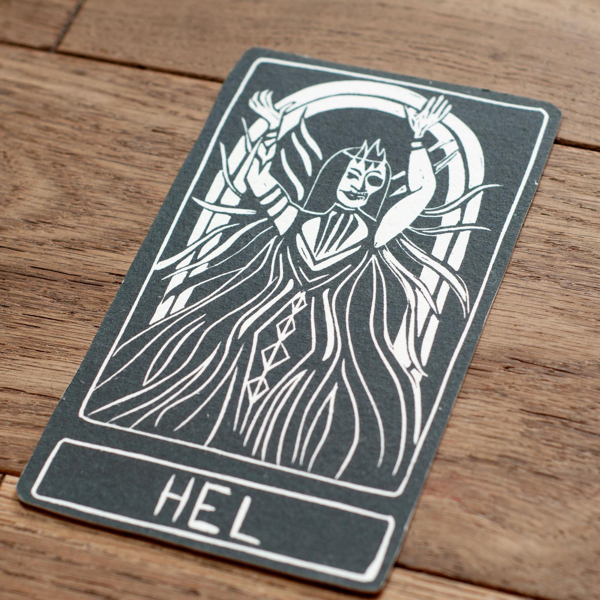 Hel, Norse Goddess of Death, Goddess guidance oracle card, handmade linocut art, eco-friendly gifts.
