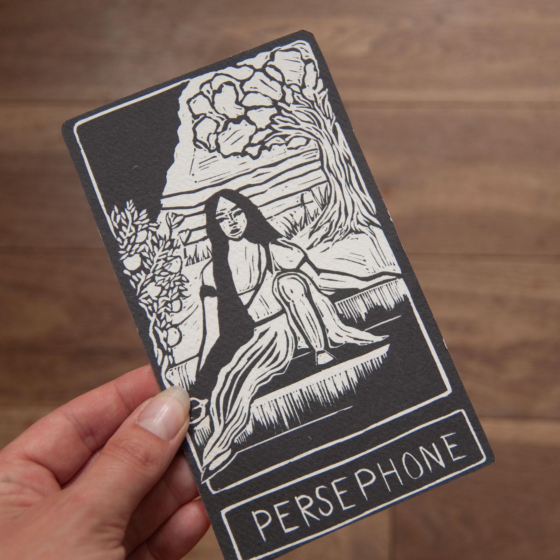 Persephone, Greek goddess, Queen of the underworld. Goddess guidance oracle card, handmade linocut art, eco-friendly gifts.
