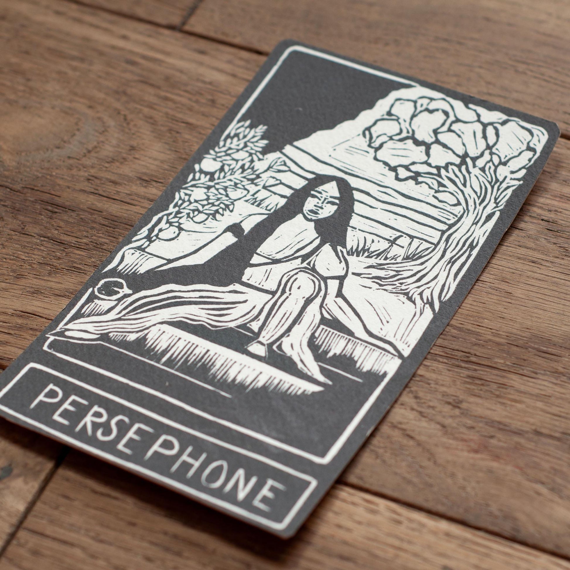 Persephone, Greek goddess, Queen of the underworld. Goddess guidance oracle card, handmade linocut art, eco-friendly gifts.