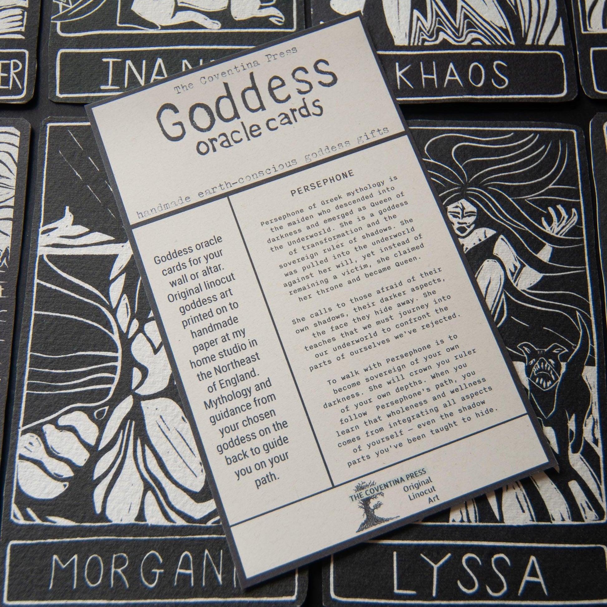 Persephone, Greek goddess, Queen of the underworld. Goddess guidance oracle card, handmade linocut art, eco-friendly gifts.