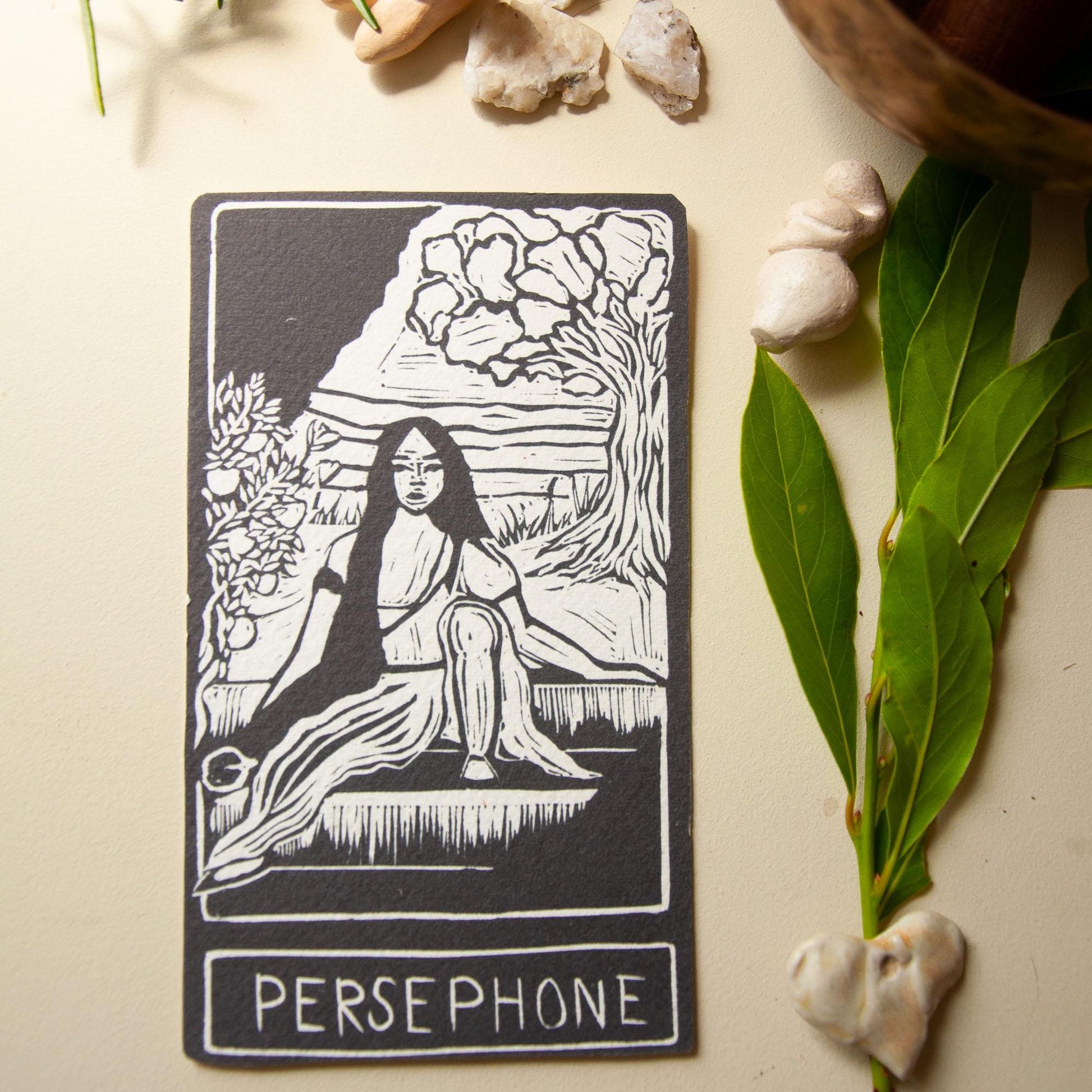 Persephone, Greek goddess, Queen of the underworld. Goddess guidance oracle card, handmade linocut art, eco-friendly gifts.