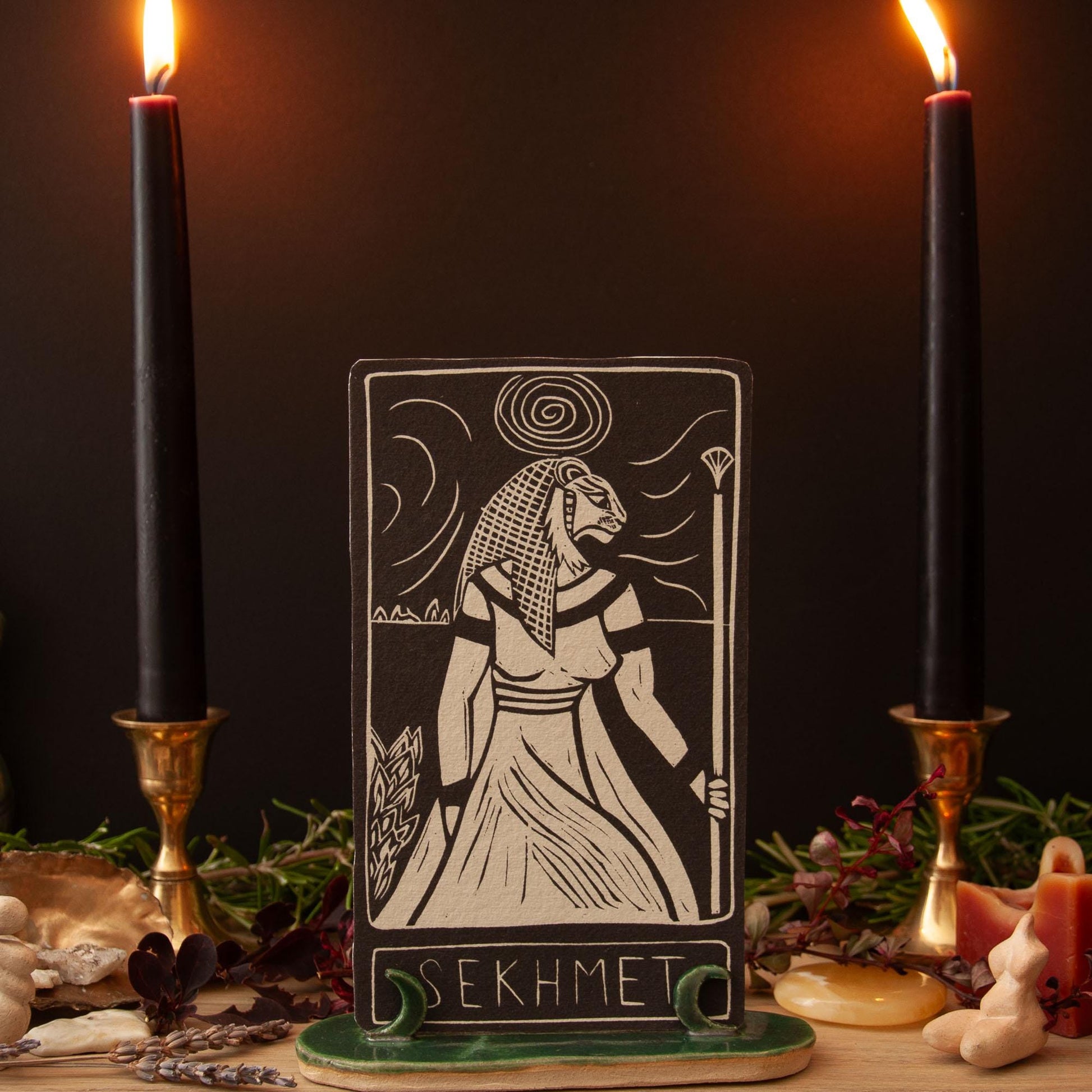 Sekhmet, Egyptian goddess of the sun, chaos and war. Goddess guidance oracle card, handmade linocut art, eco-friendly gifts.