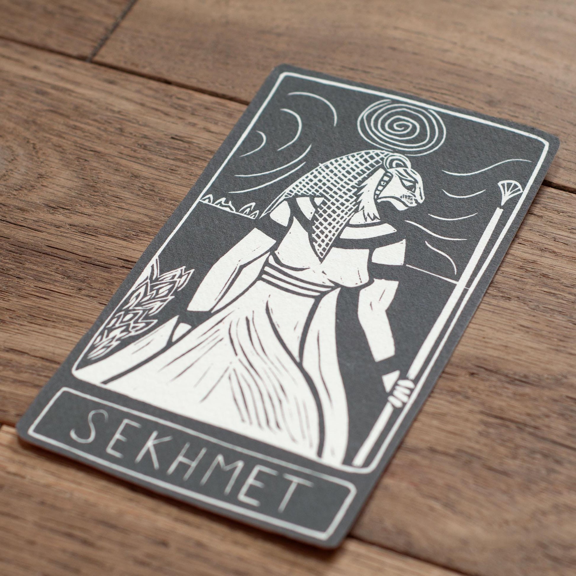 Sekhmet, Egyptian goddess of the sun, chaos and war. Goddess guidance oracle card, handmade linocut art, eco-friendly gifts.
