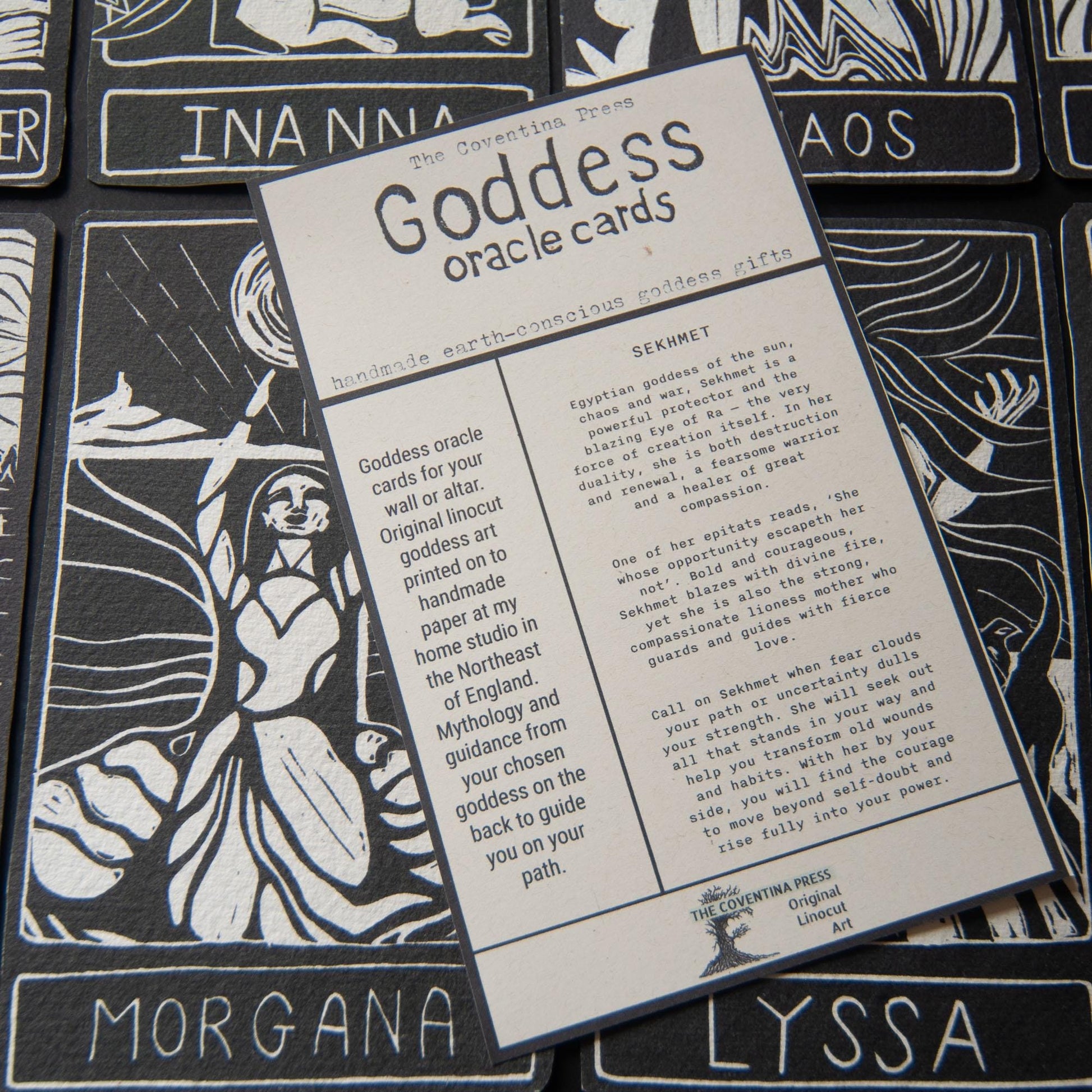 Sekhmet, Egyptian goddess of the sun, chaos and war. Goddess guidance oracle card, handmade linocut art, eco-friendly gifts.
