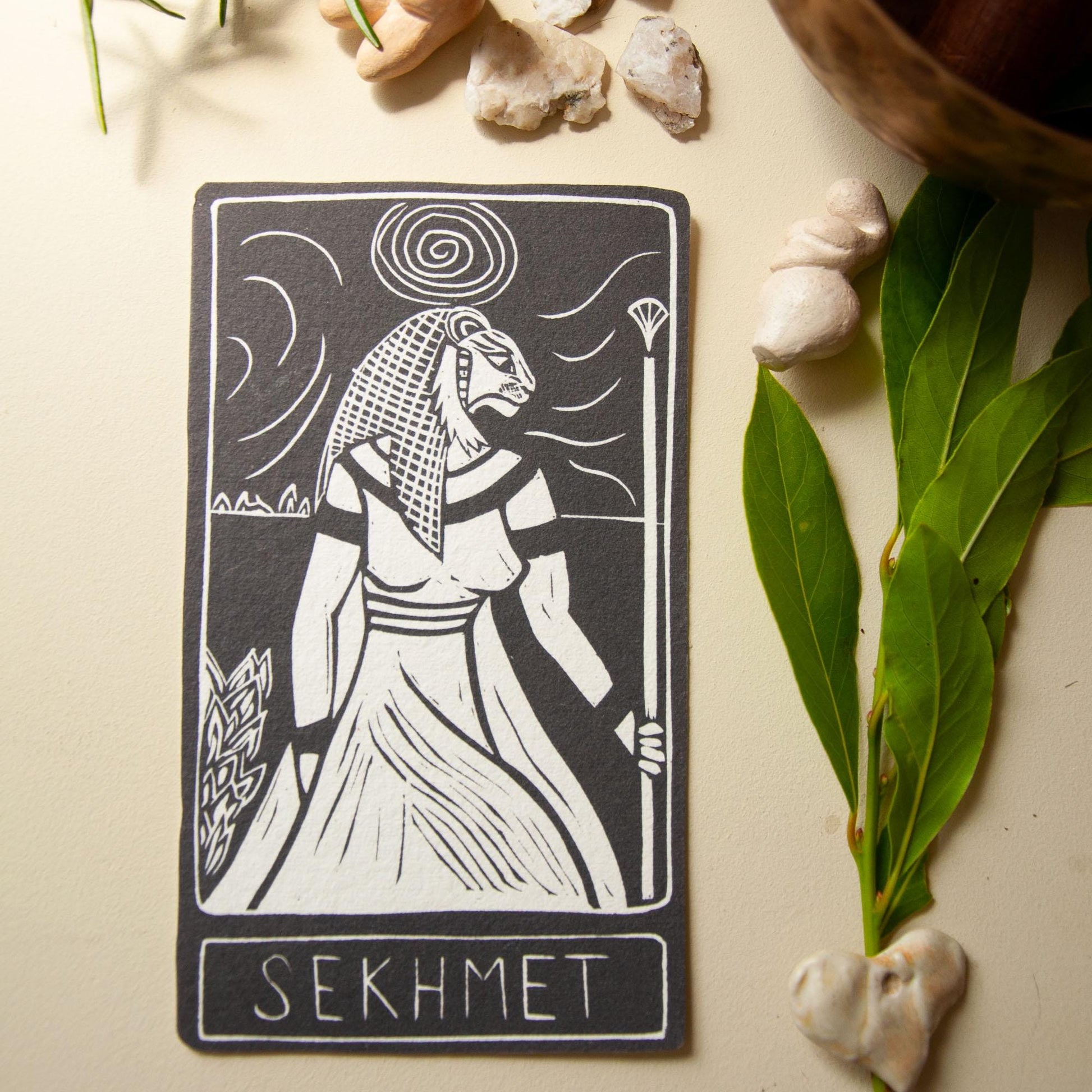 Sekhmet, Egyptian goddess of the sun, chaos and war. Goddess guidance oracle card, handmade linocut art, eco-friendly gifts.