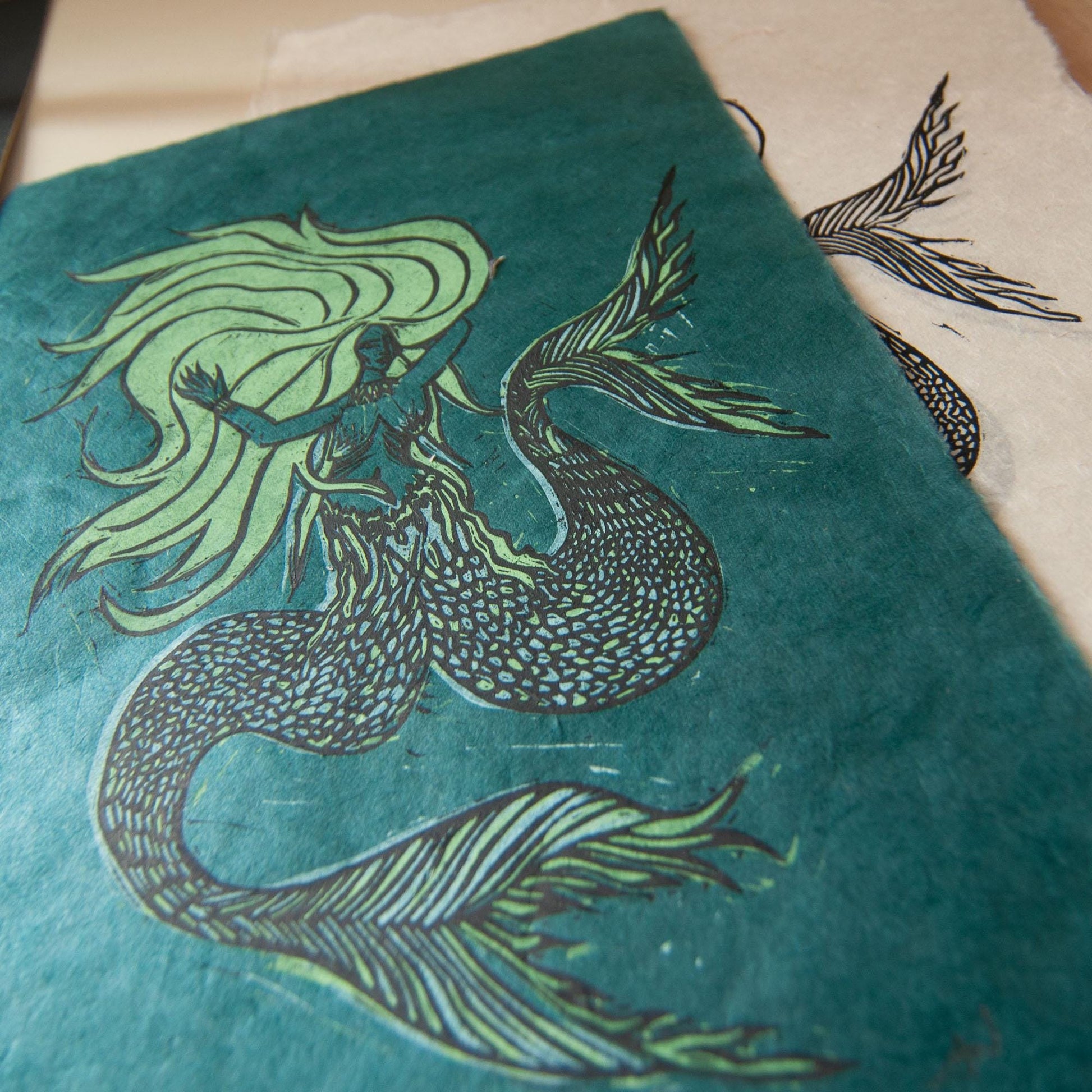 The Two tailed Mermaid Original Linocut Print | Two versions |