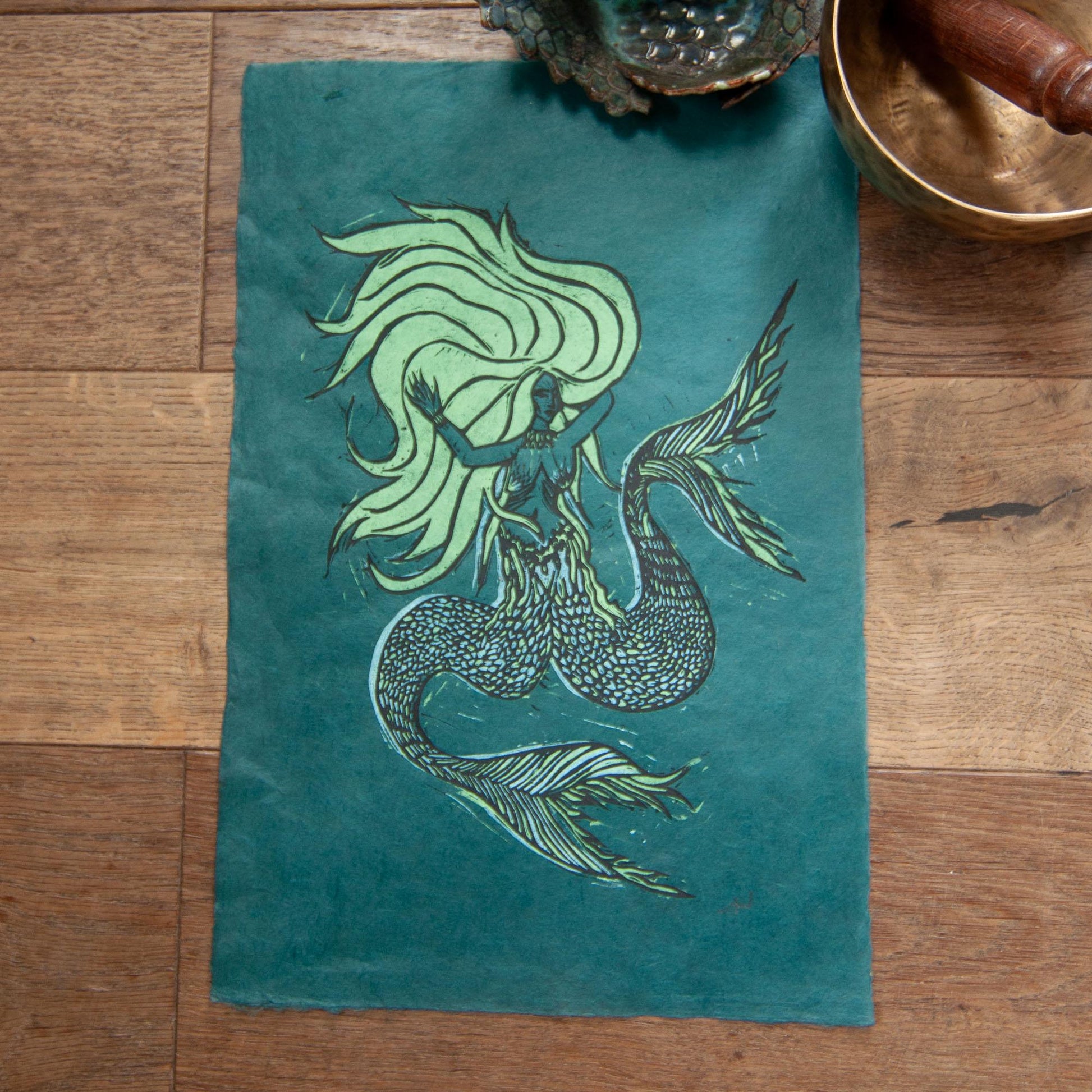 The Two tailed Mermaid Original Linocut Print | Two versions |