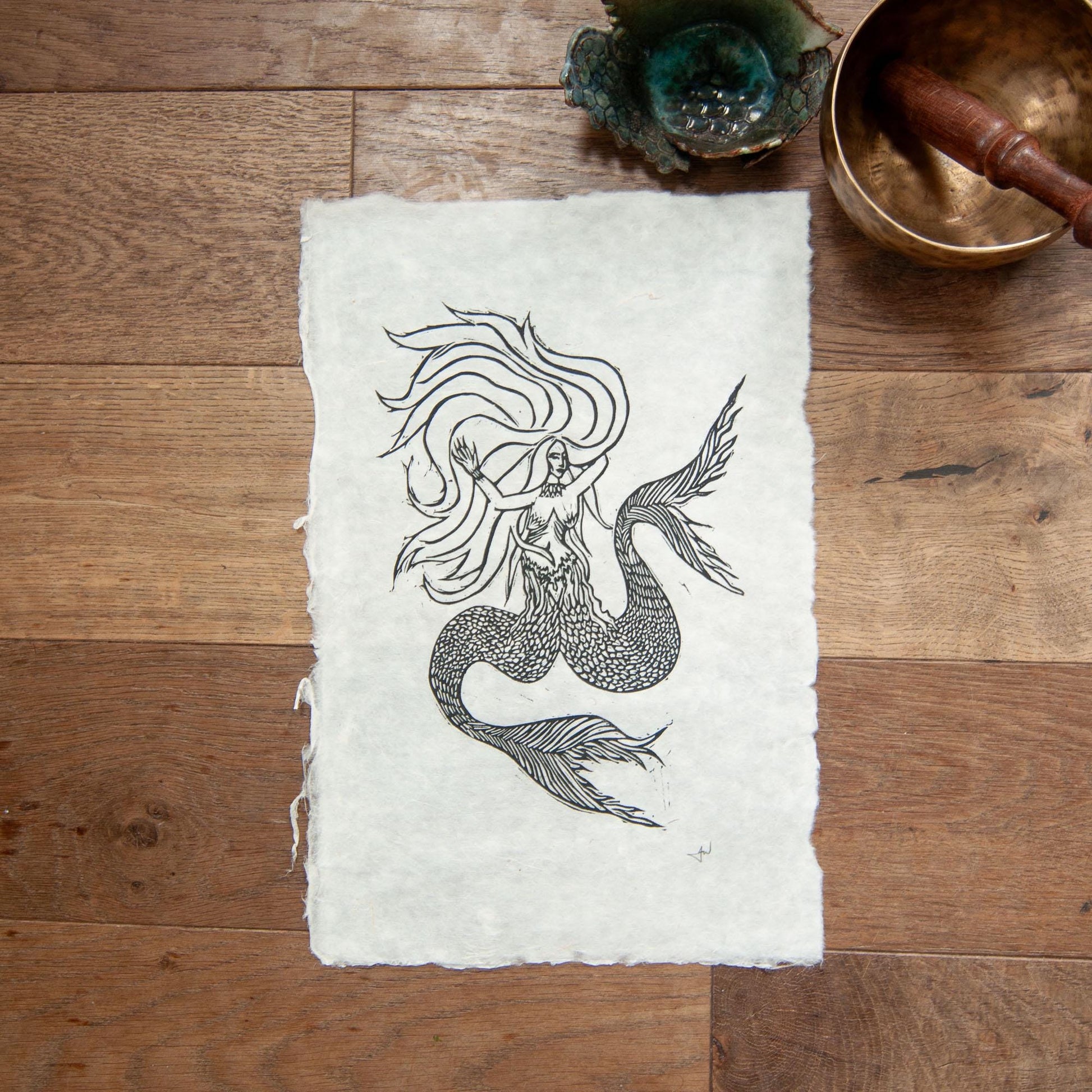 The Two tailed Mermaid Original Linocut Print | Two versions |