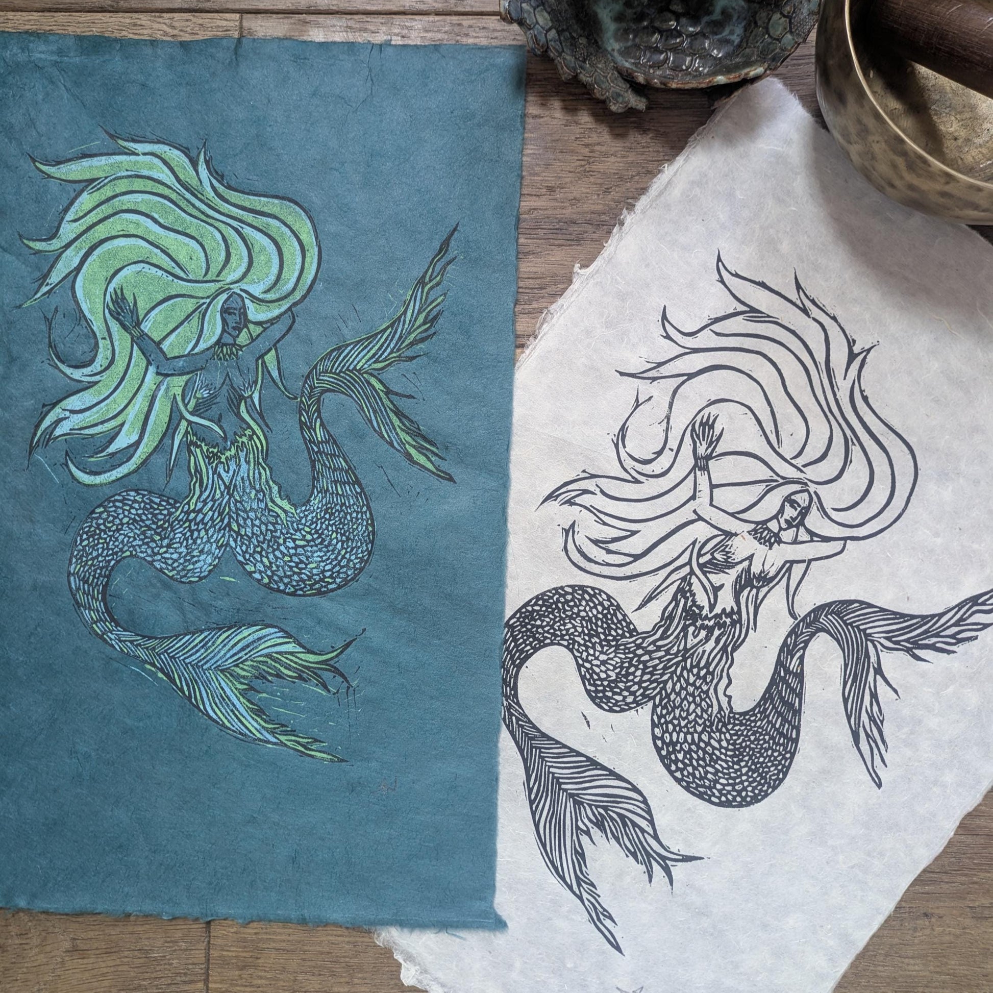 The Two tailed Mermaid Original Linocut Print | Two versions |