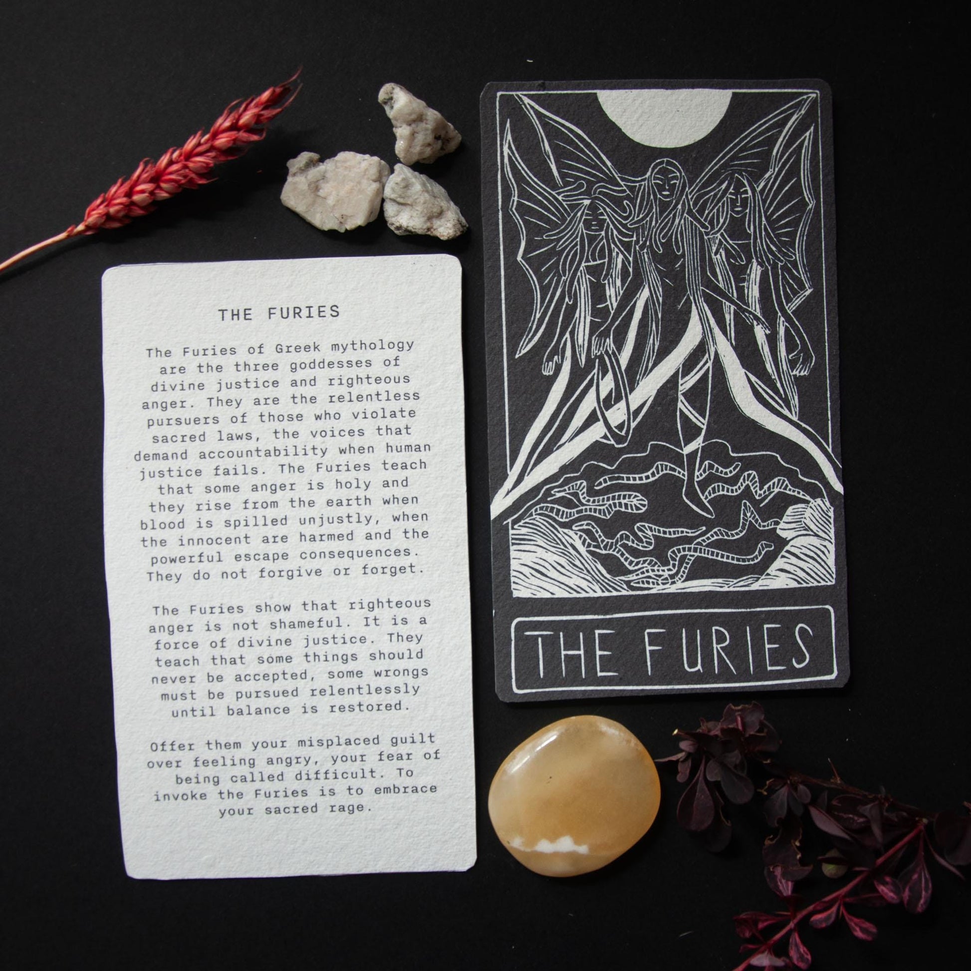 The Furies, Greek goddesses of divine justice. Goddess guidance oracle card, Greek Mythology, handmade linocut art, eco-friendly gifts.