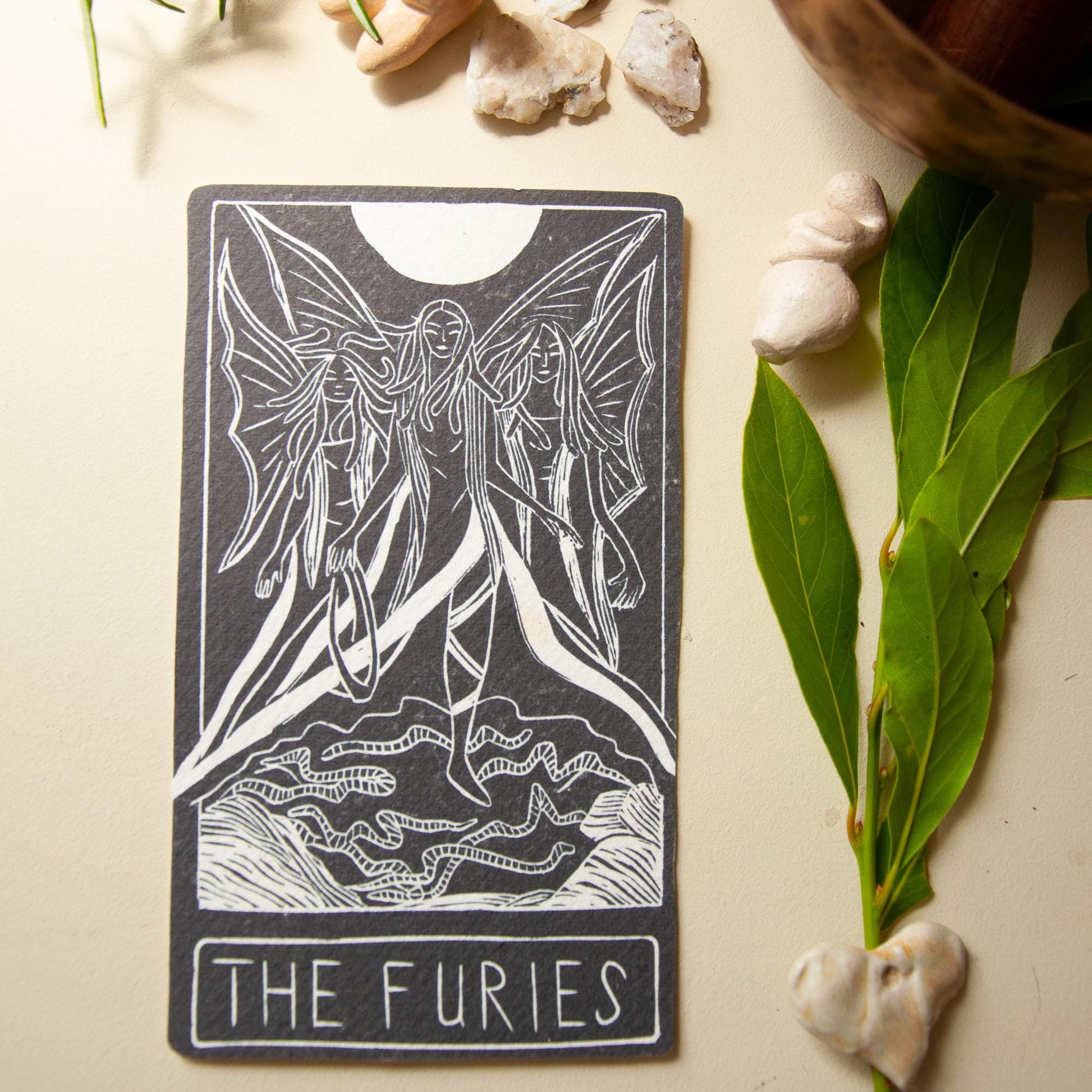 The Furies, Greek goddesses of divine justice. Goddess guidance oracle card, Greek Mythology, handmade linocut art, eco-friendly gifts.