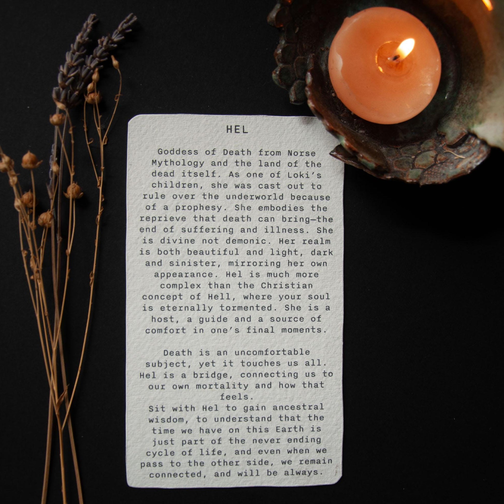 Hel, Norse Goddess of Death, Goddess guidance oracle card, handmade linocut art, eco-friendly gifts.