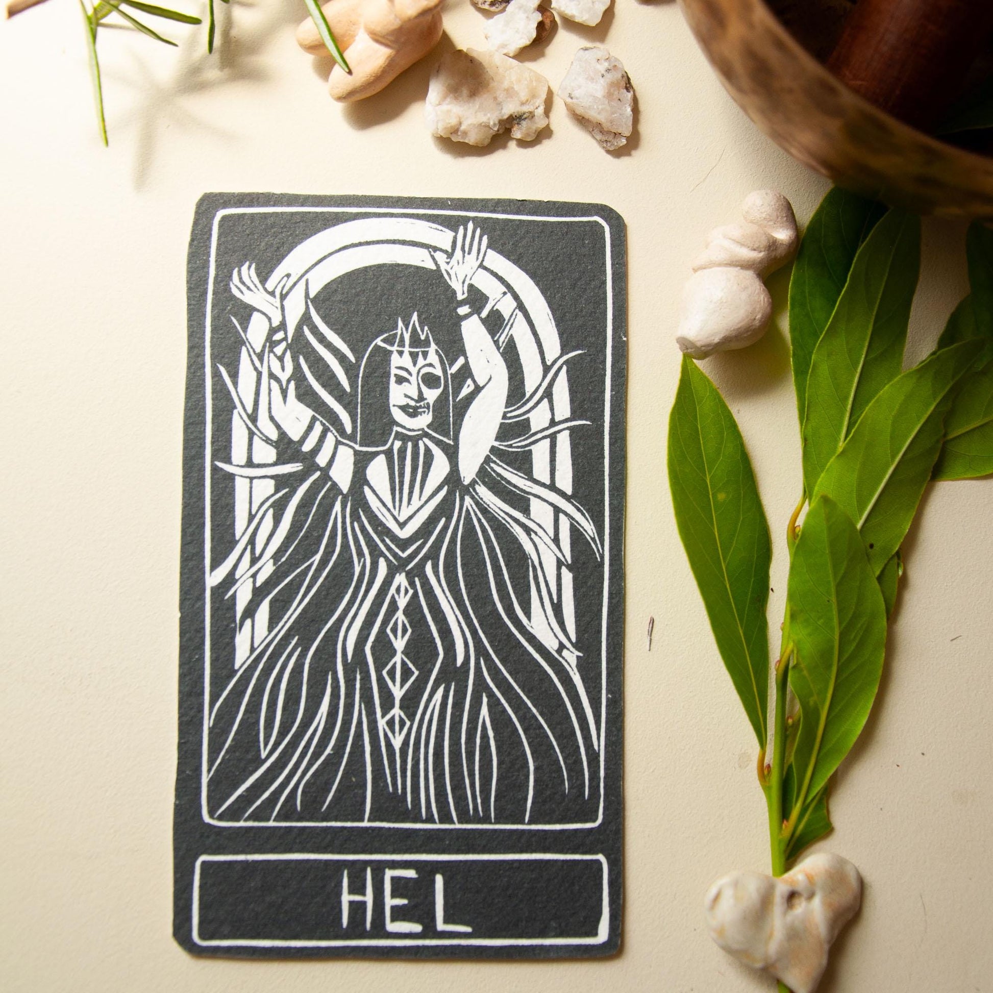 Hel, Norse Goddess of Death, Goddess guidance oracle card, handmade linocut art, eco-friendly gifts.