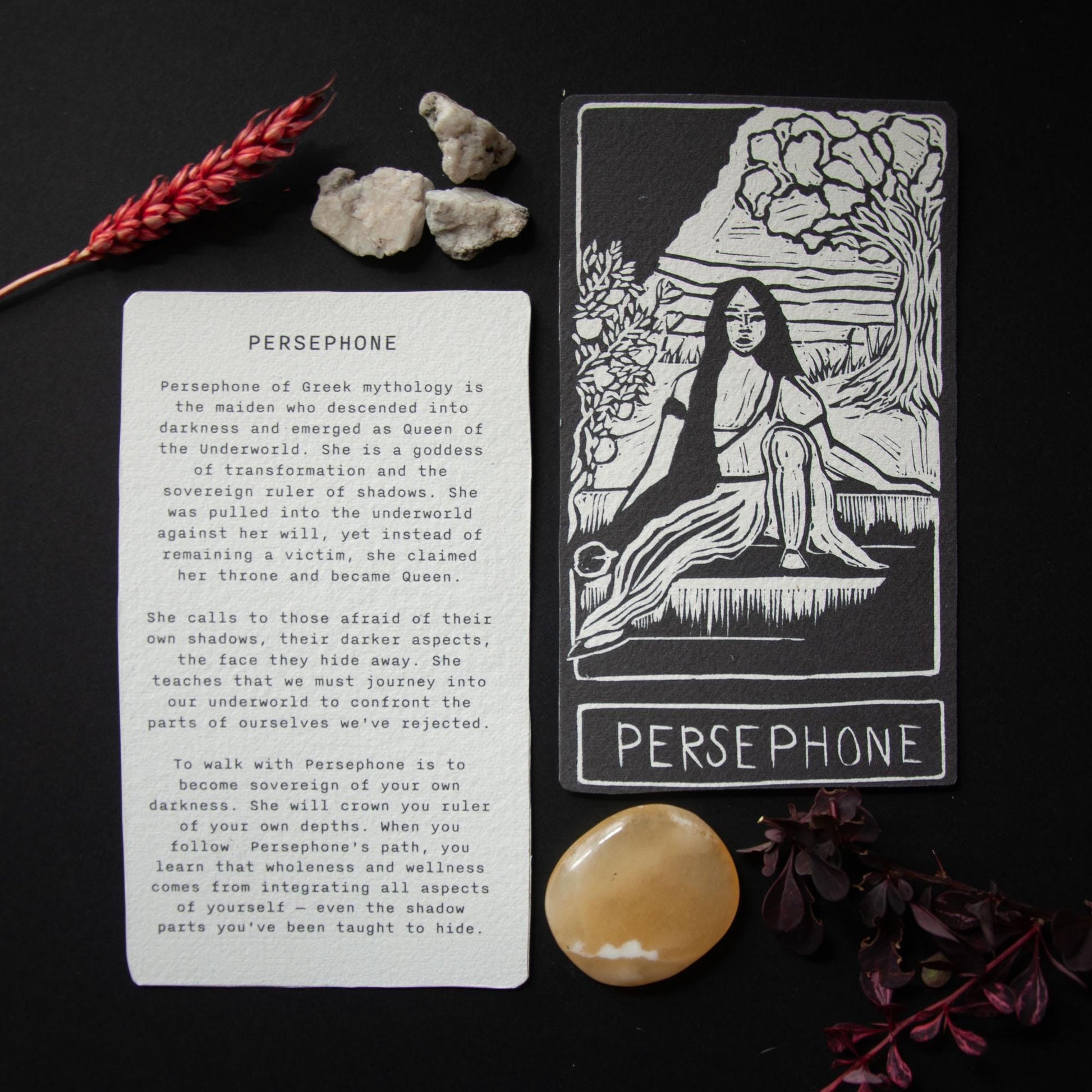 Persephone, Greek goddess, Queen of the underworld. Goddess guidance oracle card, handmade linocut art, eco-friendly gifts.