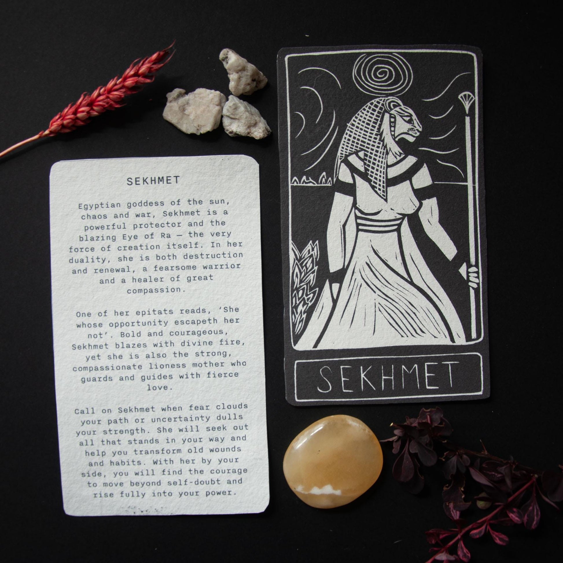 Sekhmet, Egyptian goddess of the sun, chaos and war. Goddess guidance oracle card, handmade linocut art, eco-friendly gifts.