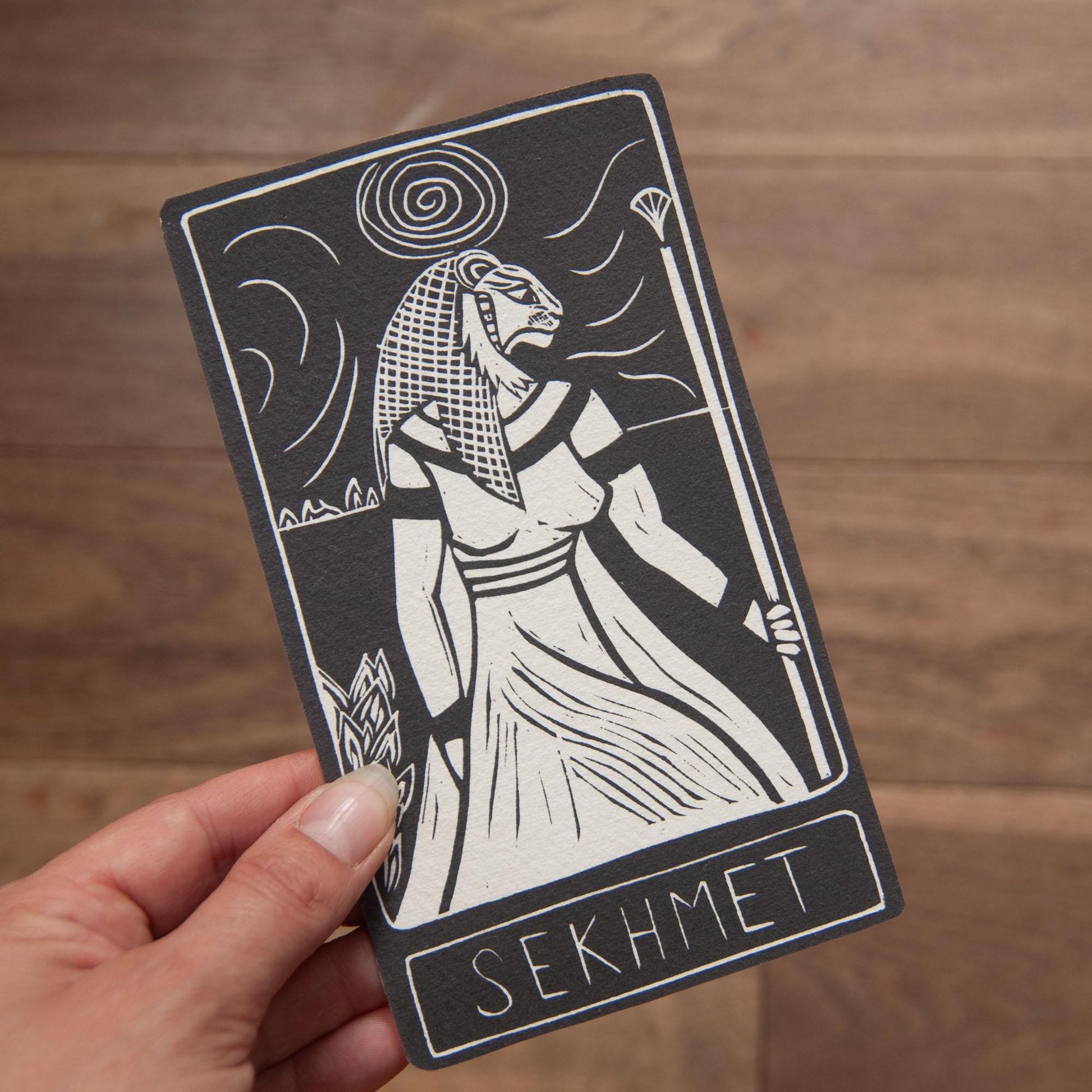 Sekhmet, Egyptian goddess of the sun, chaos and war. Goddess guidance oracle card, handmade linocut art, eco-friendly gifts.