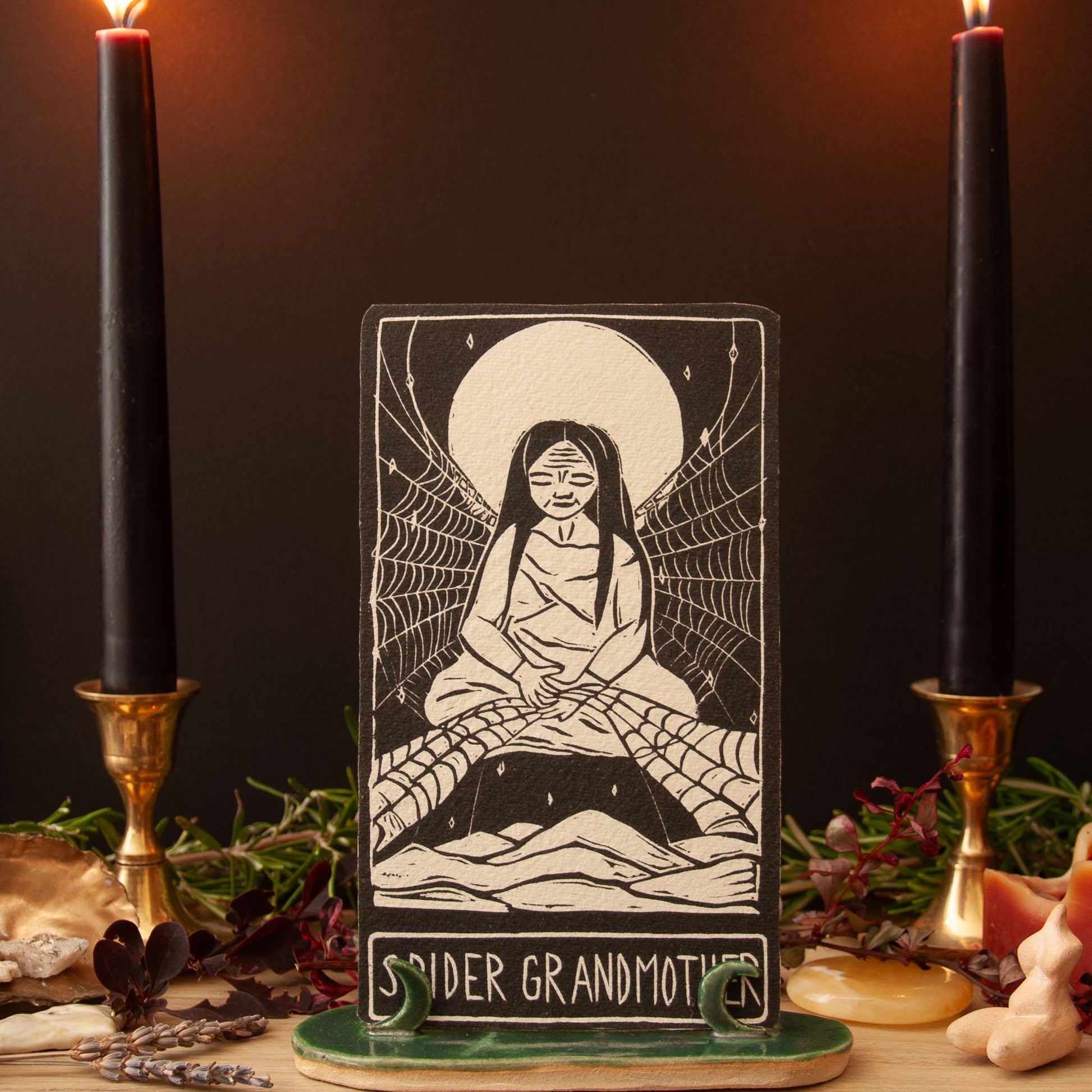Spider Grandmother, native amercian goddess oracle cards handmade linocut art, eco-friendly gifts.