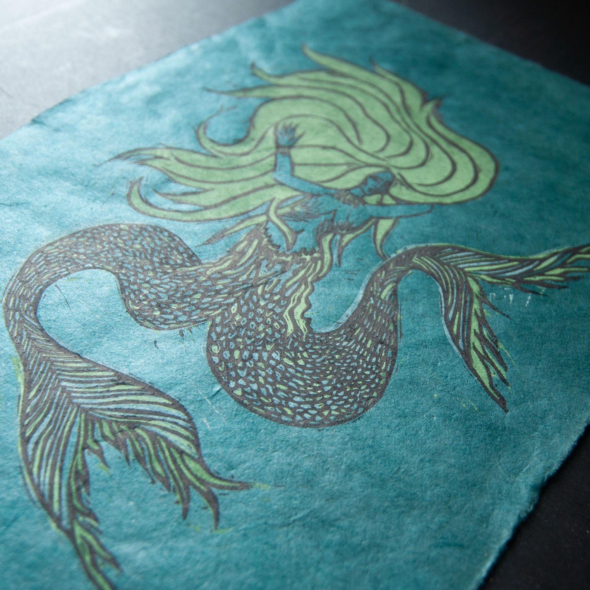 The Two tailed Mermaid Original Linocut Print | Two versions |