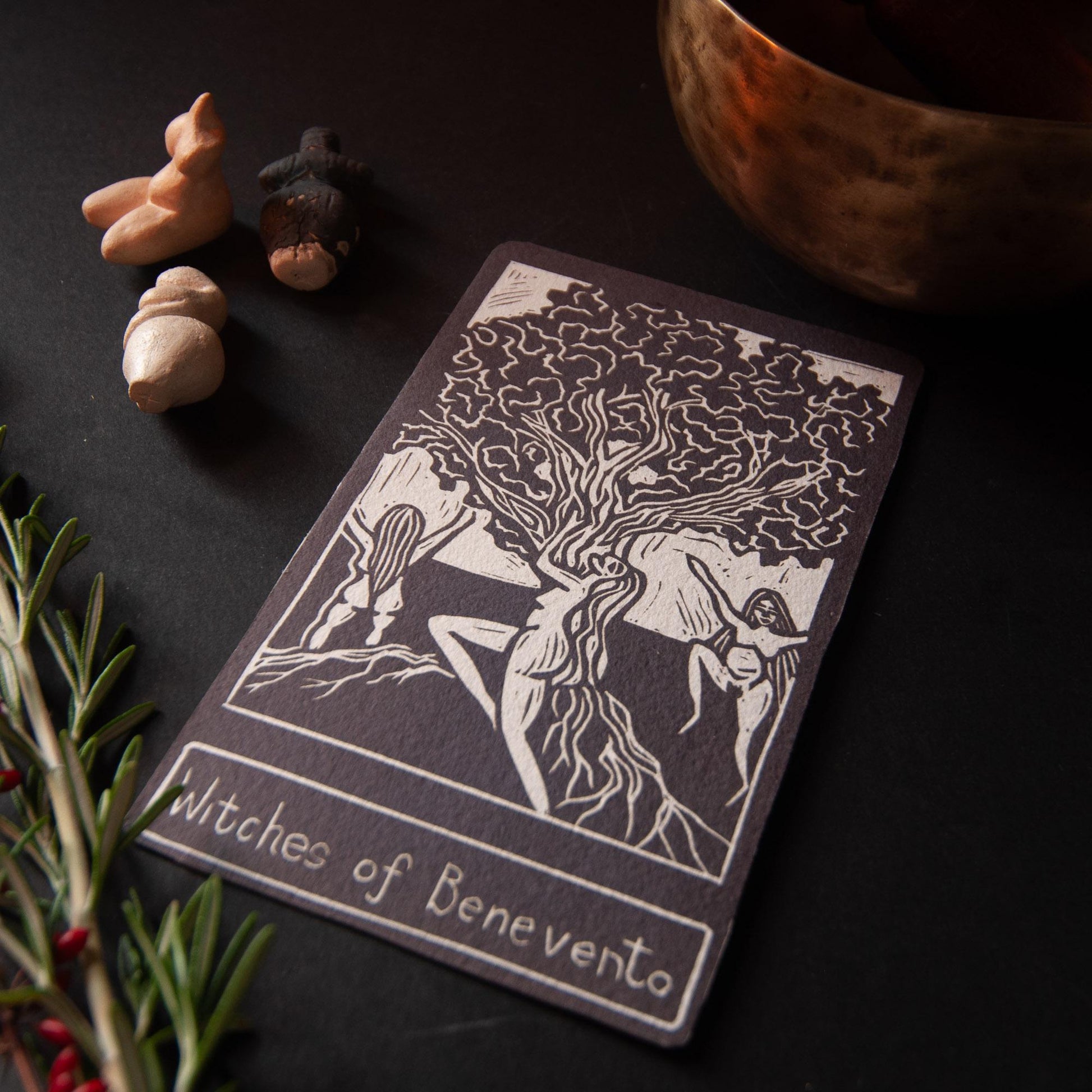 The Witches of Benevento | goddess oracle card handmade linocut art, eco-friendly gifts.