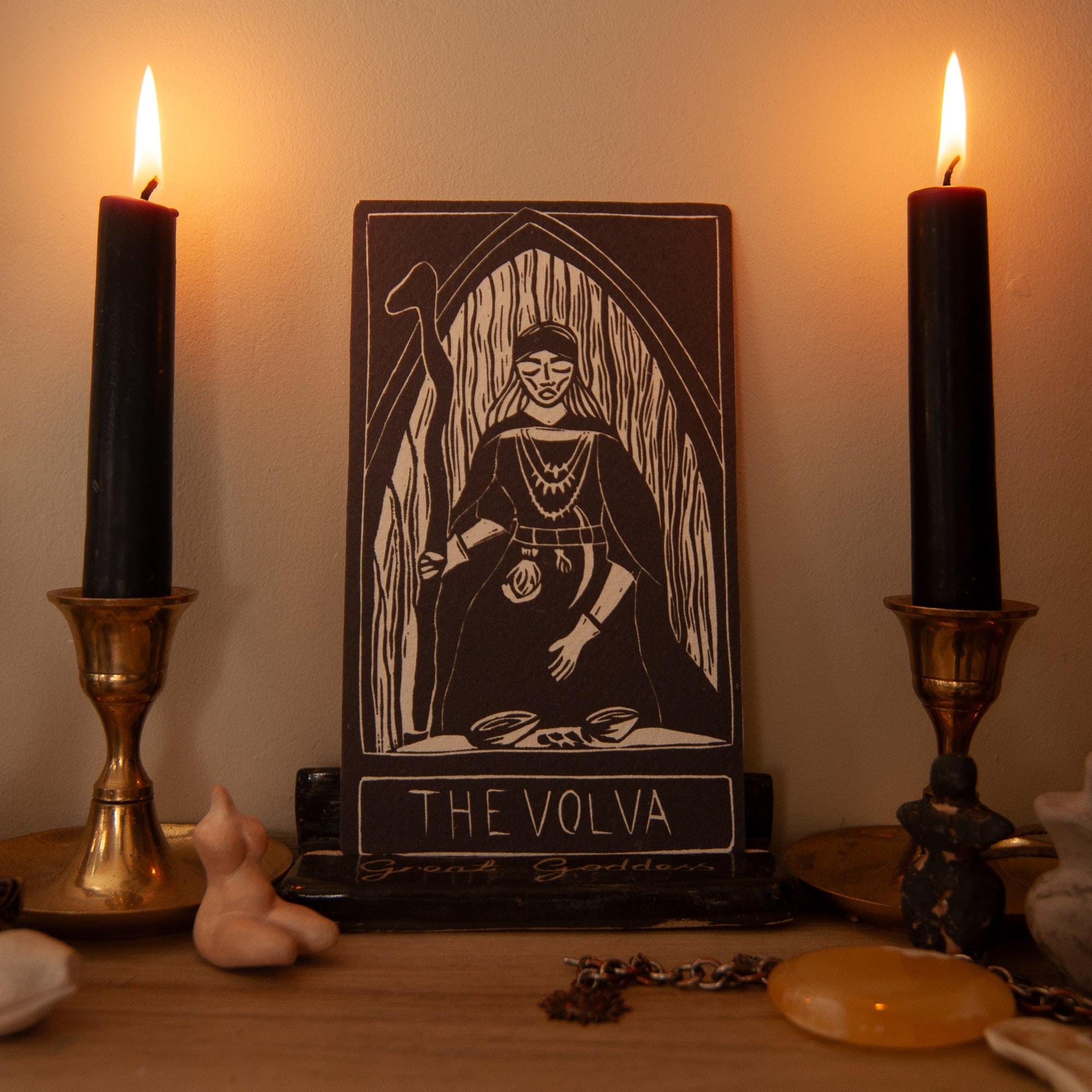 The Volva | Norse witches oracle card handmade linocut art, eco-friendly gifts.