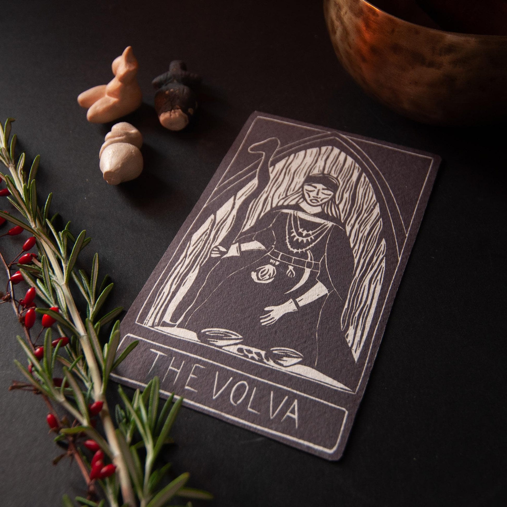 The Volva | Norse witches oracle card handmade linocut art, eco-friendly gifts.