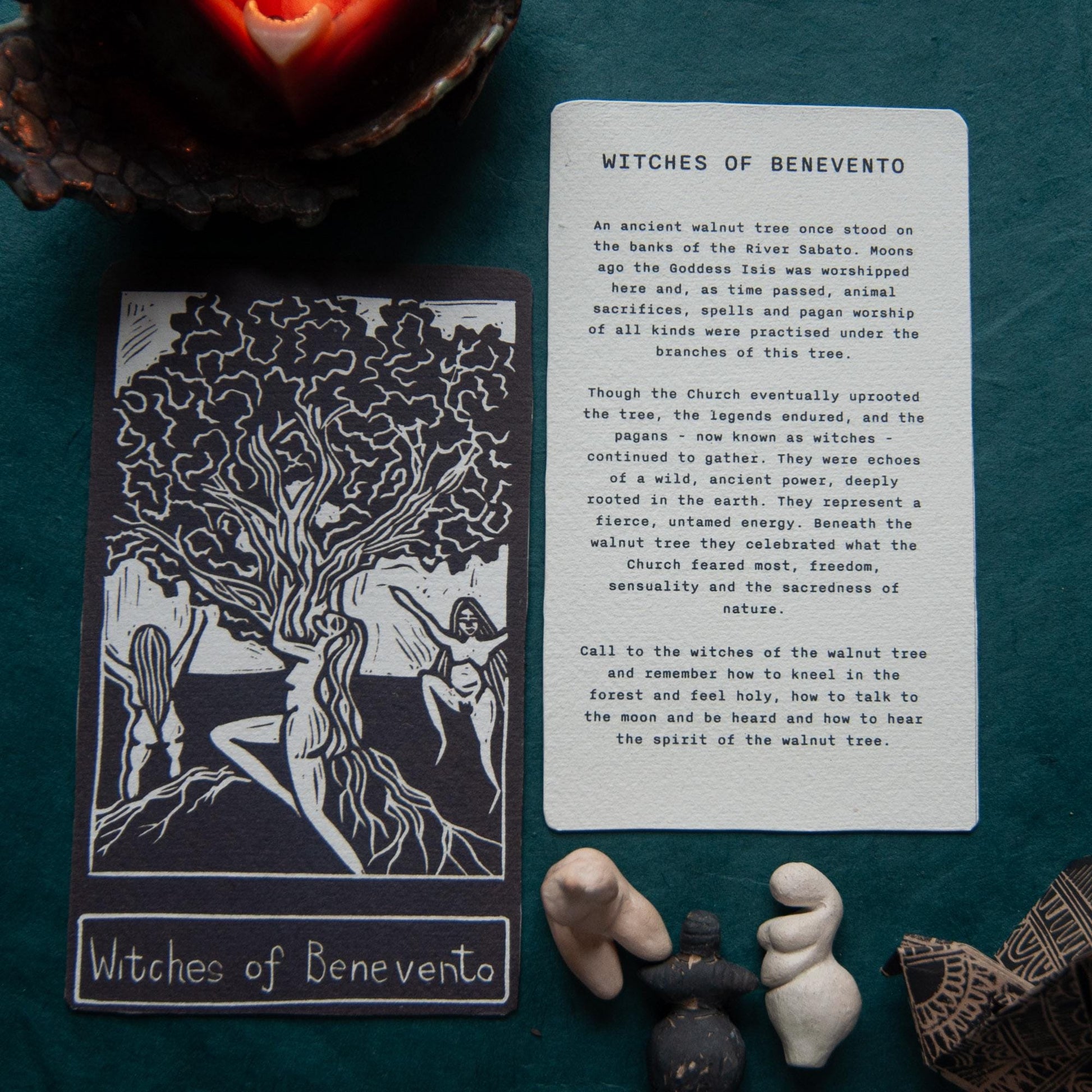 The Witches of Benevento | goddess oracle card handmade linocut art, eco-friendly gifts.