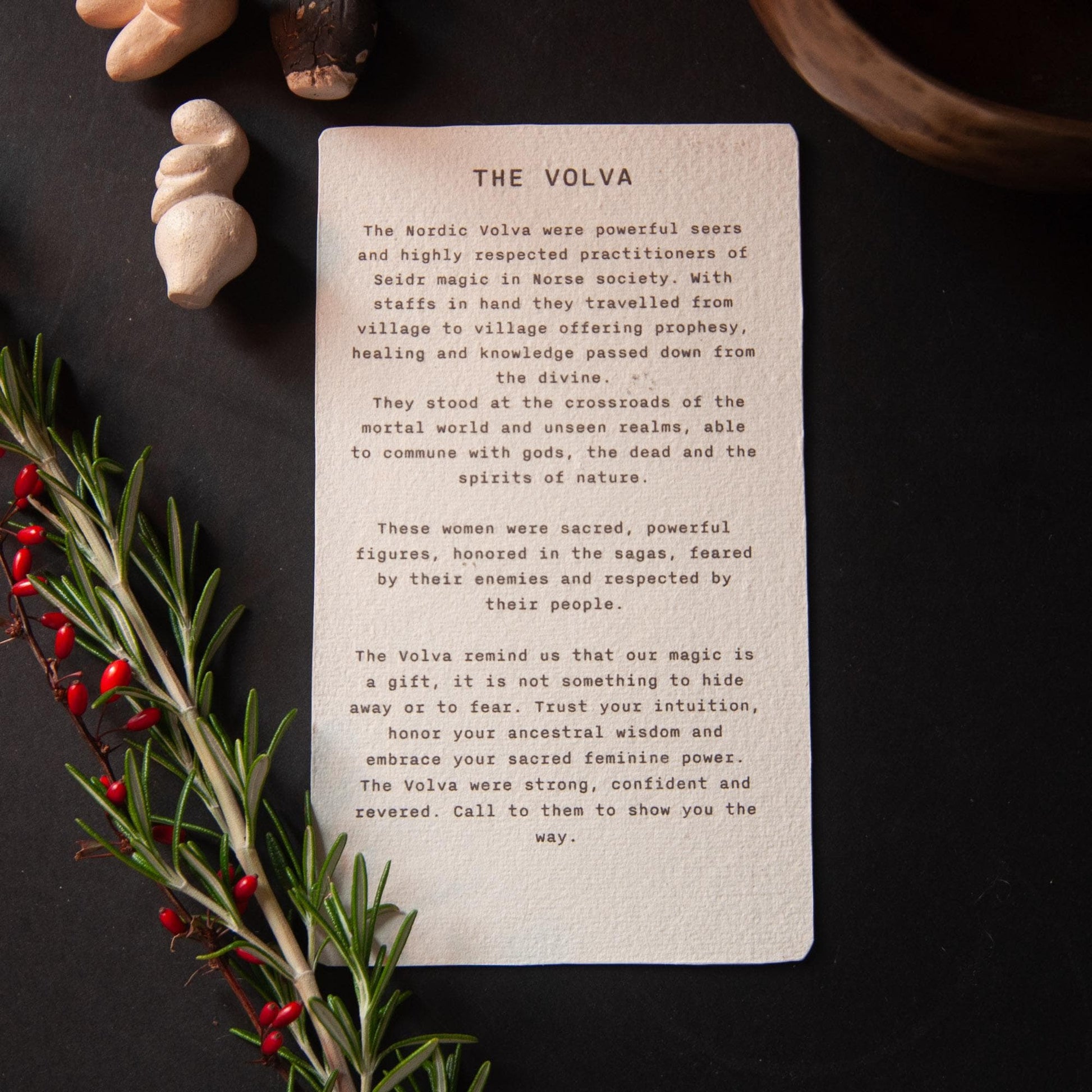 The Volva | Norse witches oracle card handmade linocut art, eco-friendly gifts.