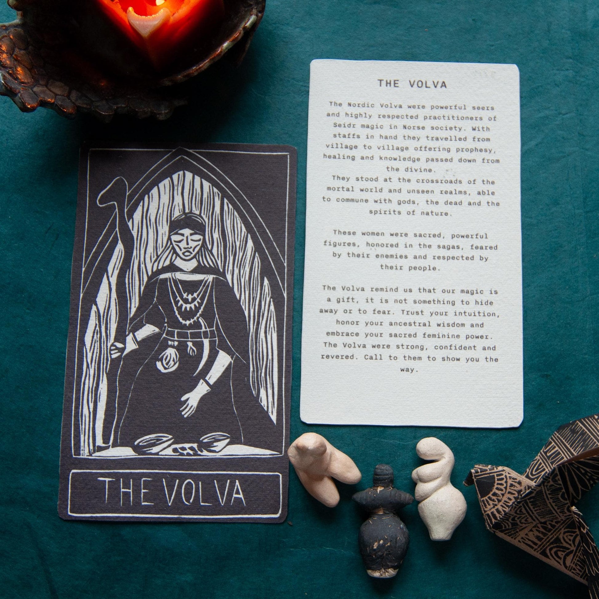 The Volva | Norse witches oracle card handmade linocut art, eco-friendly gifts.