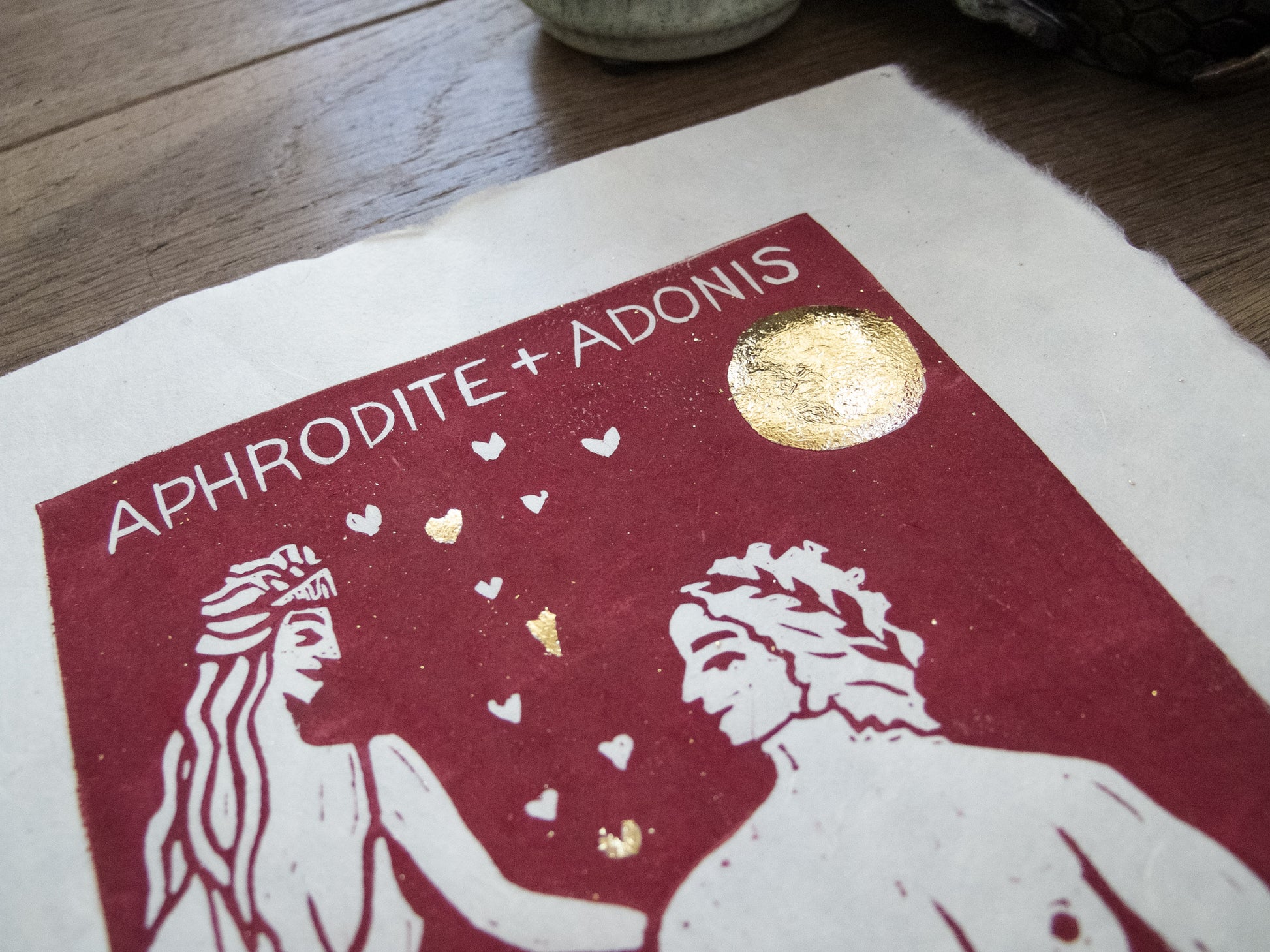 APHRODITE AND ADONIS | GREEK LOVERS |  Original linocut print image 4