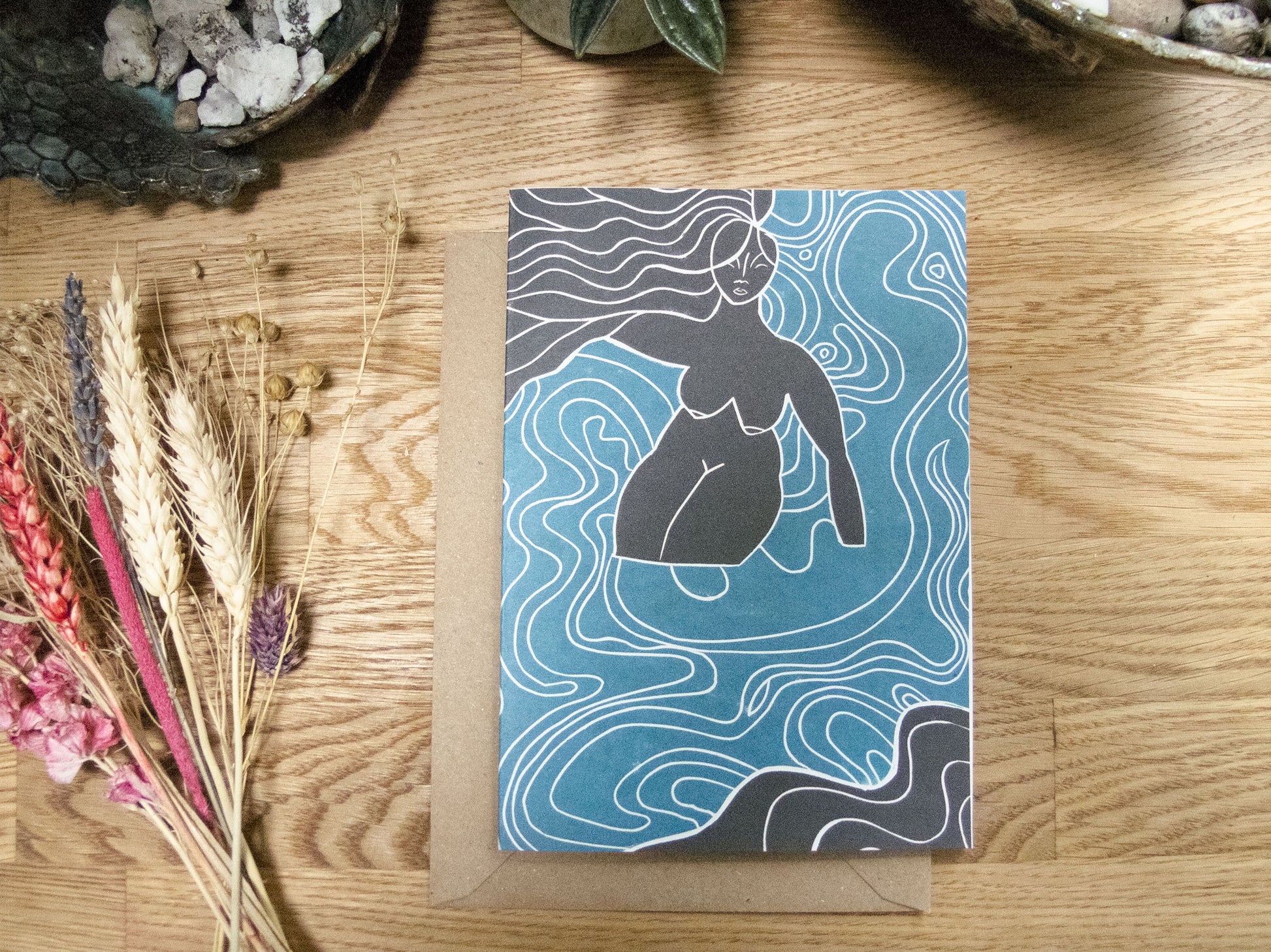 WATER SPIRIT GODDESS | Greeting card | Linocut design image 1