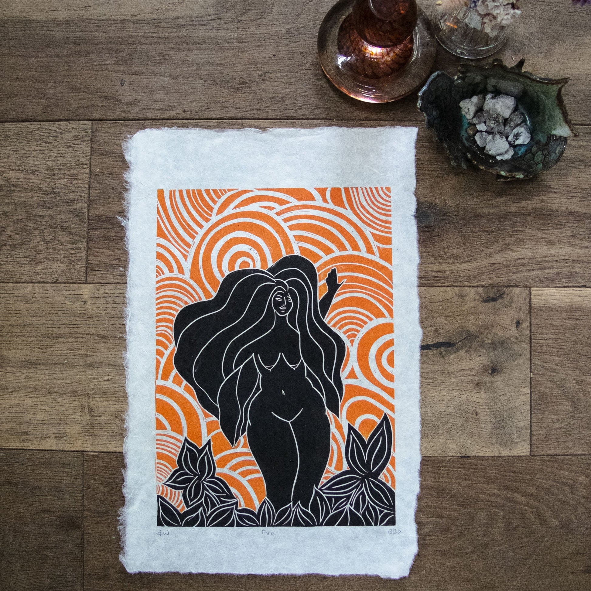 FIRE SPIRIT GODDESS | ELEMENTAL | Original linocut print image 2