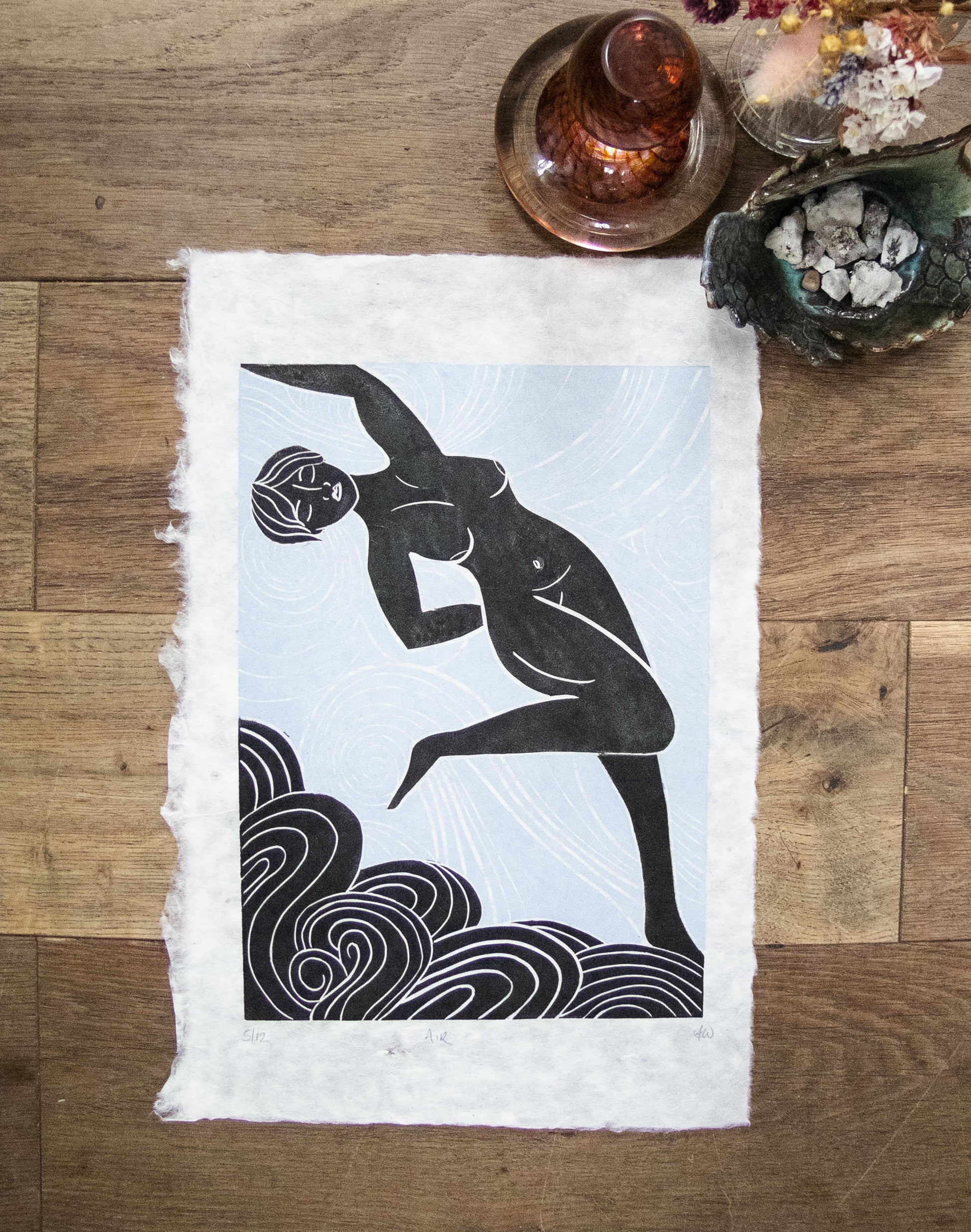 AIR SPIRIT GODDESS | ELEMENTAL | Original linocut print image 1