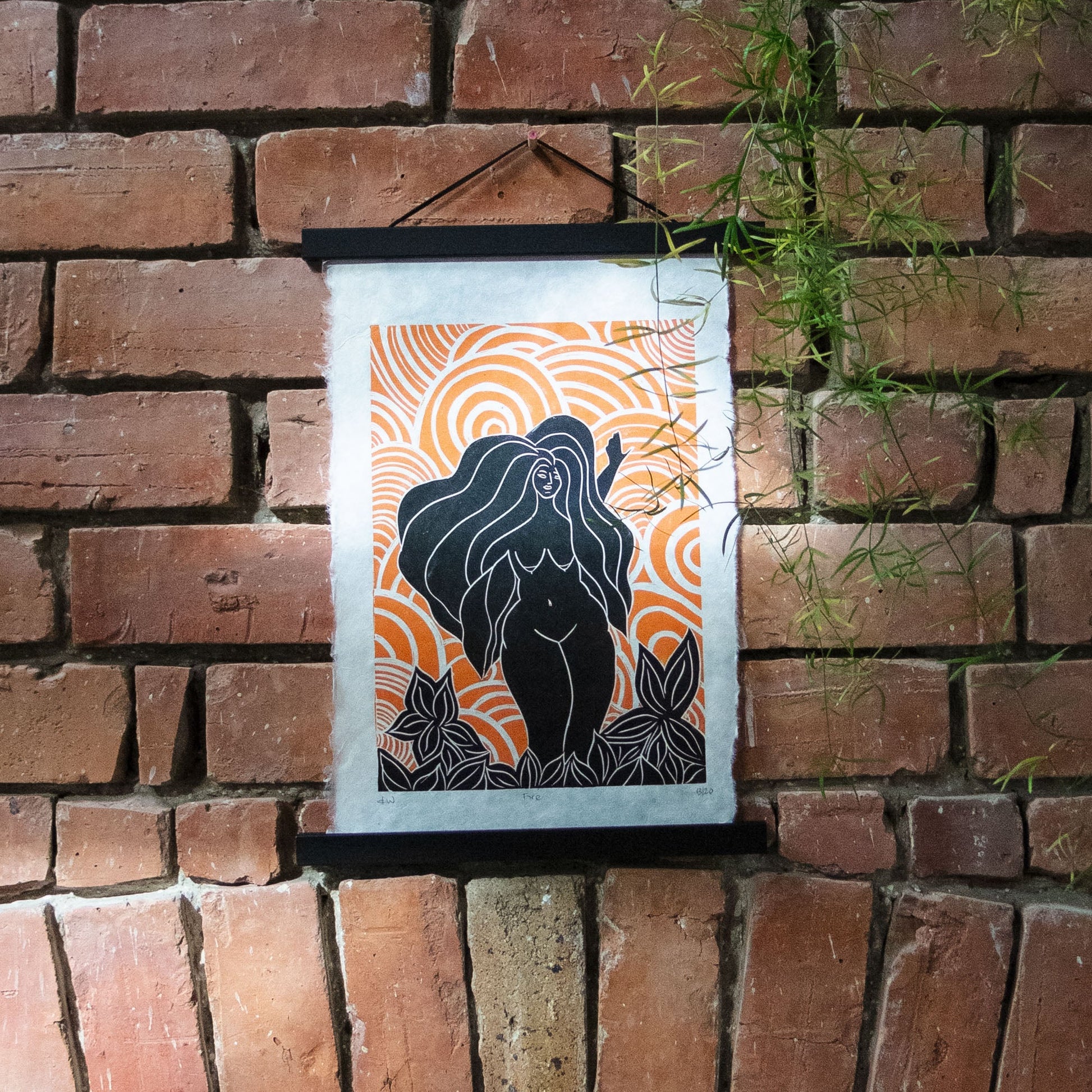 FIRE SPIRIT GODDESS | ELEMENTAL | Original linocut print image 1