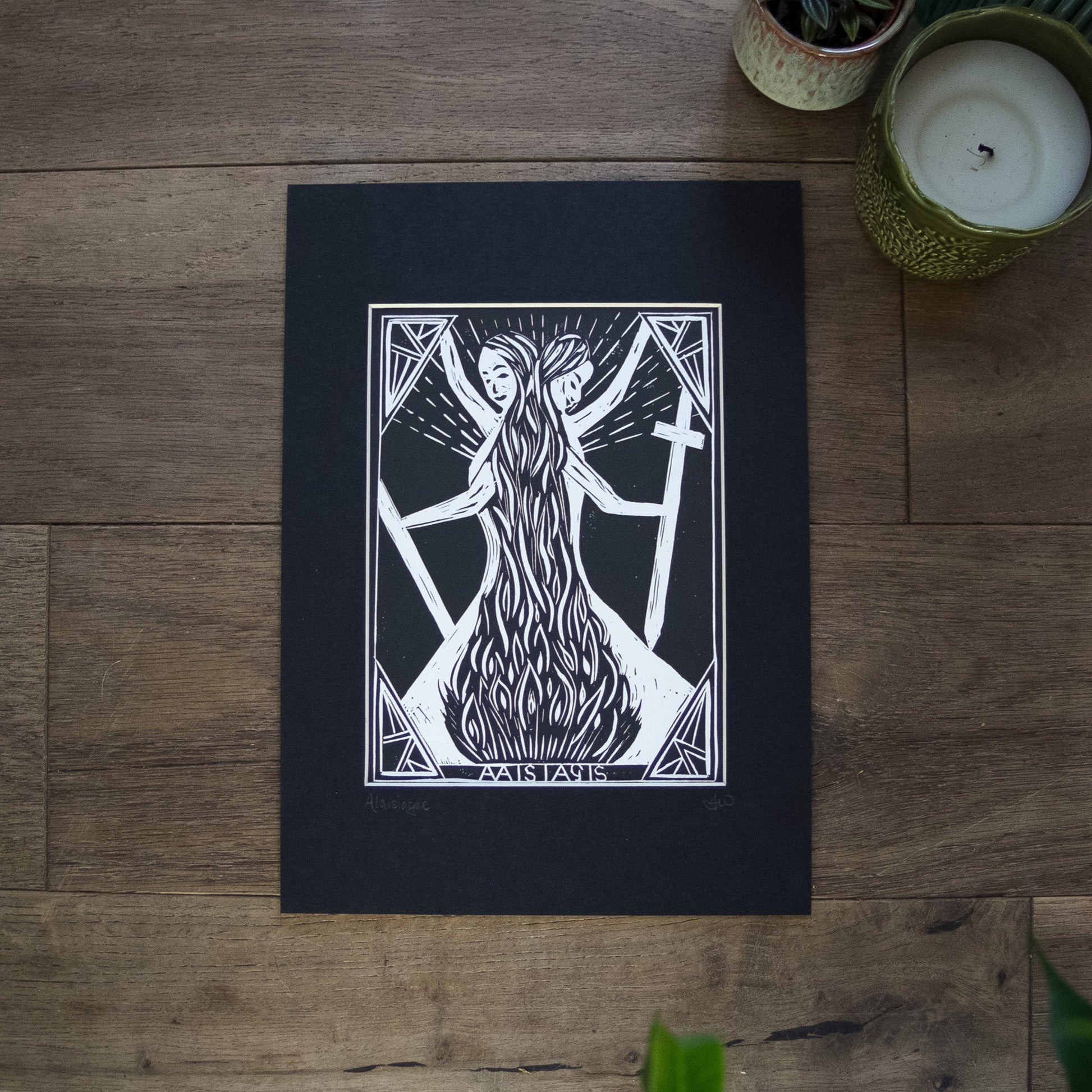 THE ALAISIAGAE | WARRIOR GODDESSES | Linocut Print mounted in black