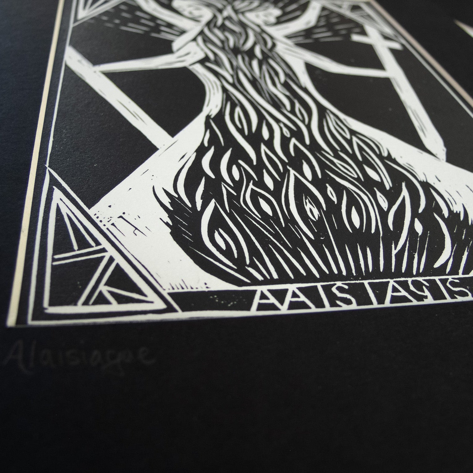 THE ALAISIAGAE | WARRIOR GODDESSES | Linocut Print detail in black mount