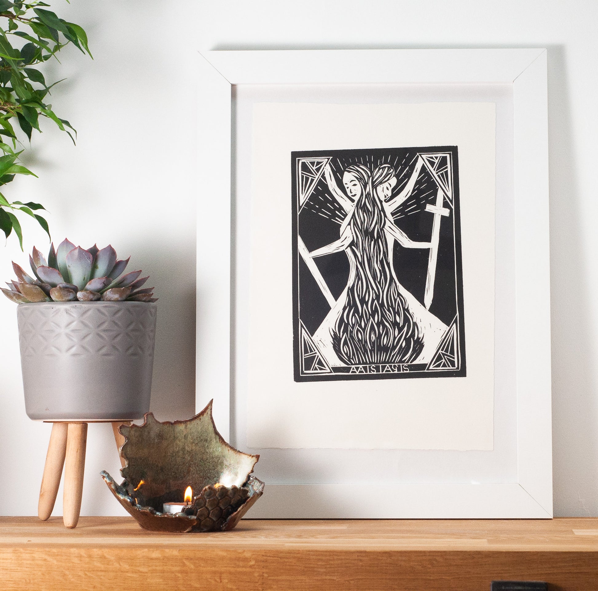 THE ALAISIAGAE | WARRIOR GODDESSES | Linocut Print in white frame on white wall