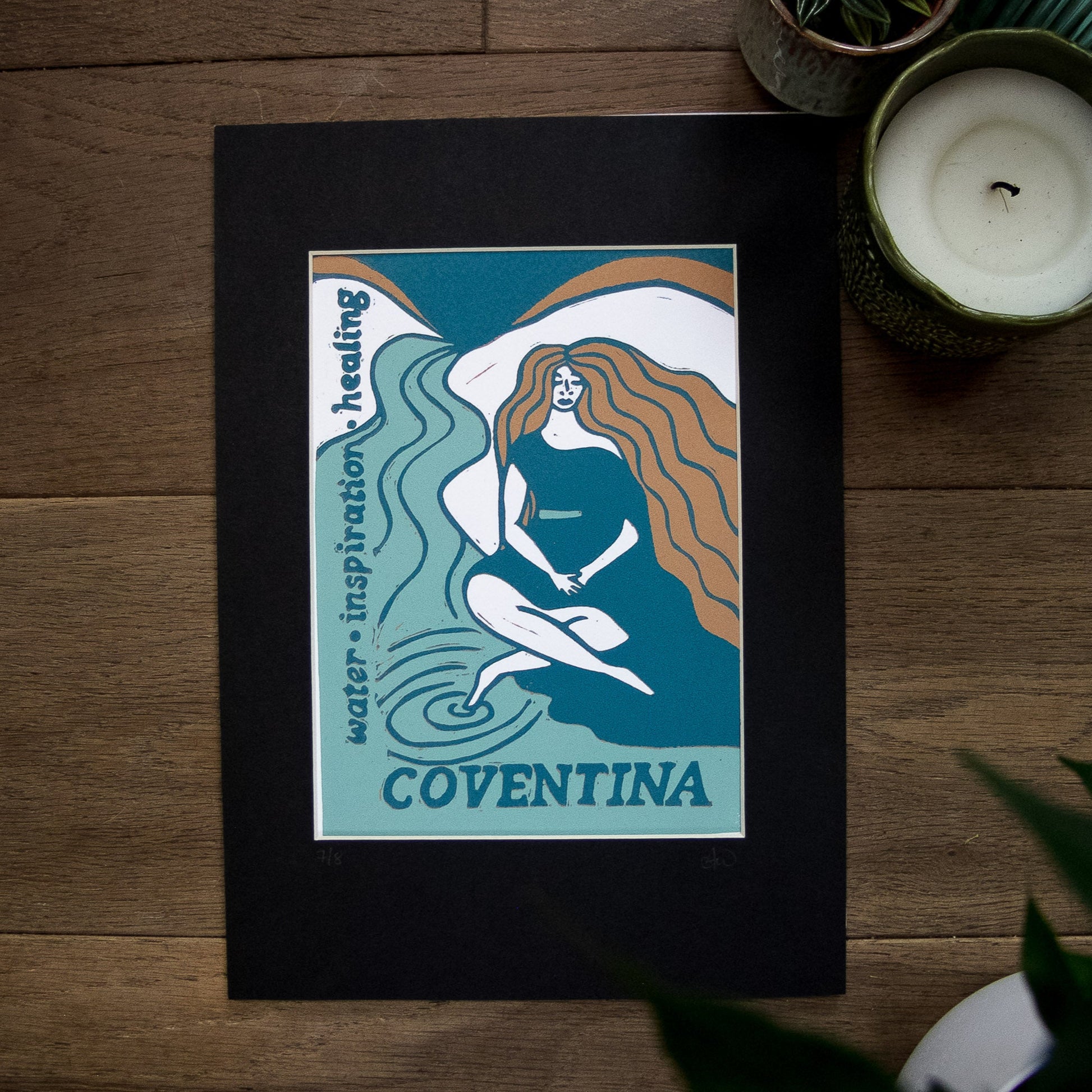GODDESS COVENTINA BLUE | Limited edition linocut print in black mount